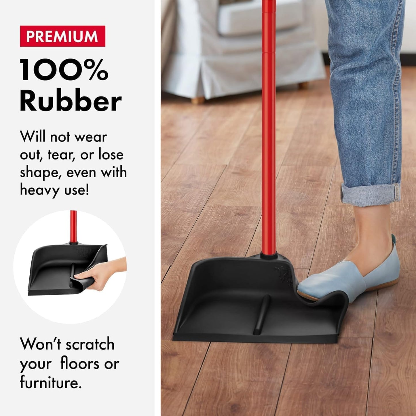 Dustpan with Handle by Ravmag- Solid Natural Rubber Construction- 29” Long Handled Dust Pan- Stand