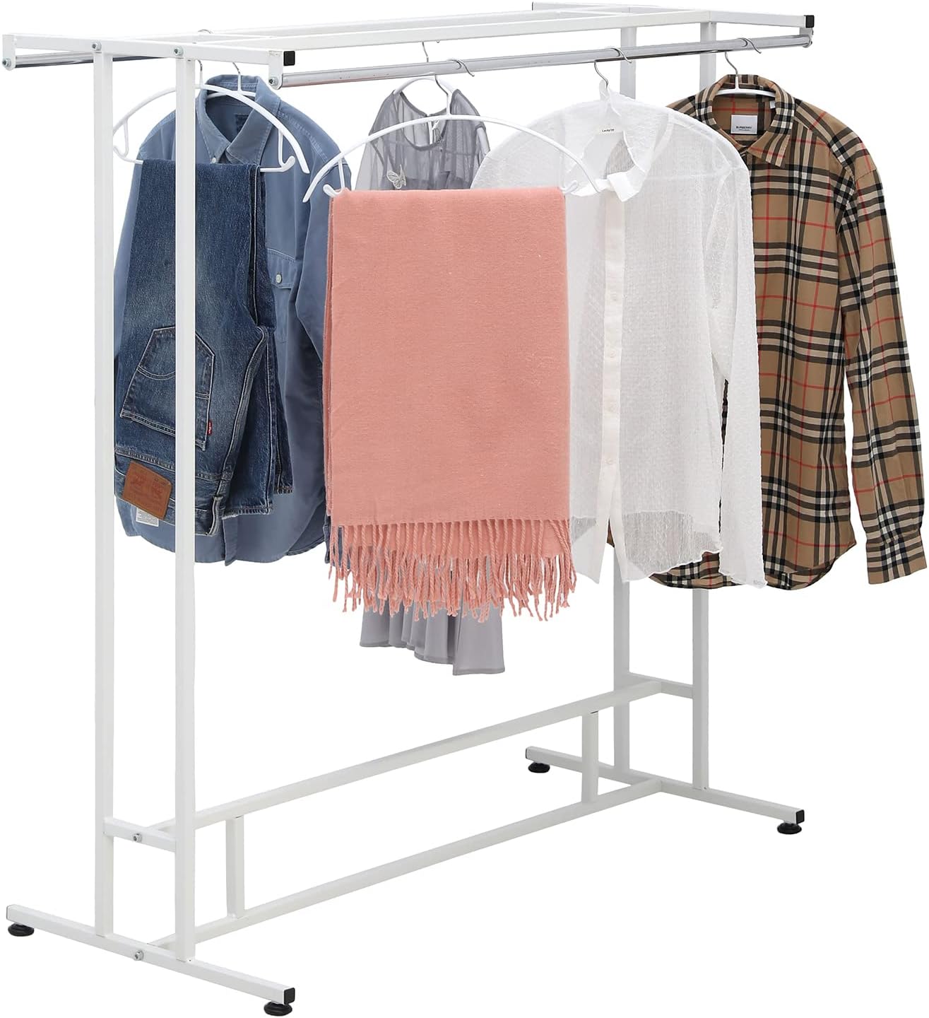MyGift White Stainless Steel Freestanding Garment Rack, Heavy Duty Double Rod Clothes Rack Clothing