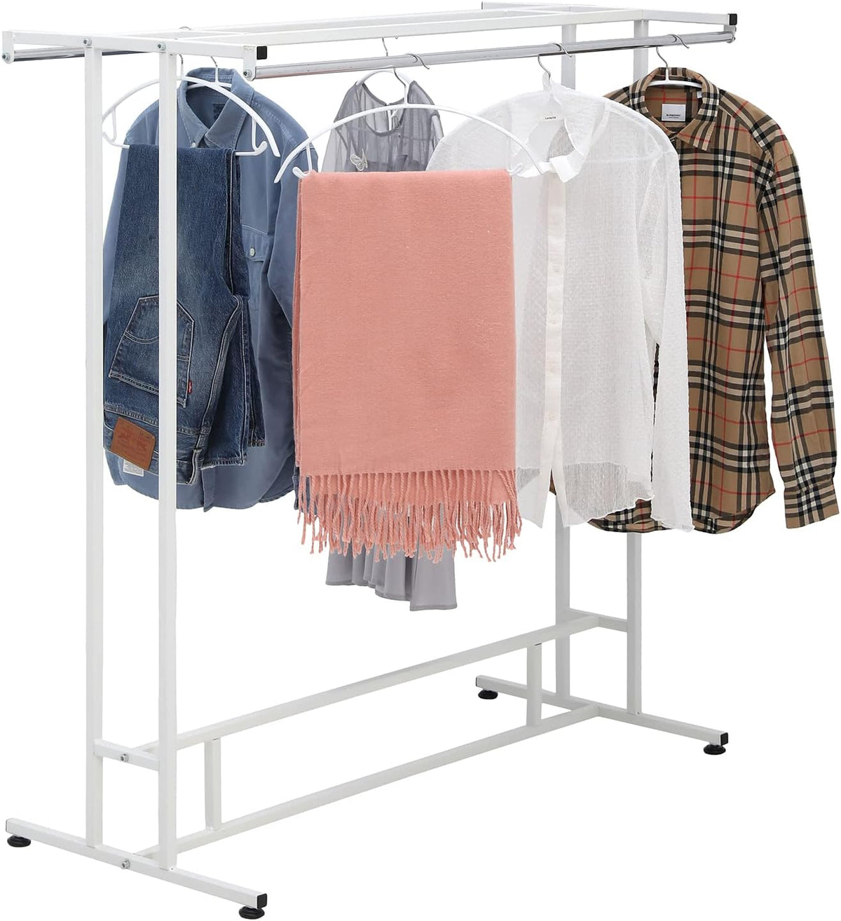 MyGift White Stainless Steel Freestanding Garment Rack, Heavy Duty Double Rod Clothes Rack Clothing