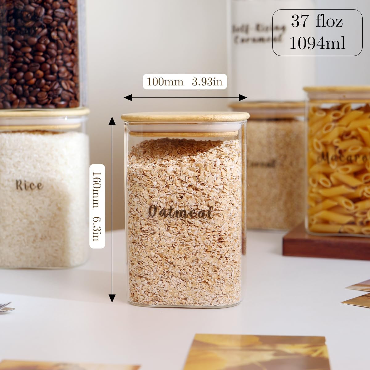 6 Pcs Square Glass Pantry Storage Containers with Bamboo Airtight Lid and 248 Clear Pantry Labels