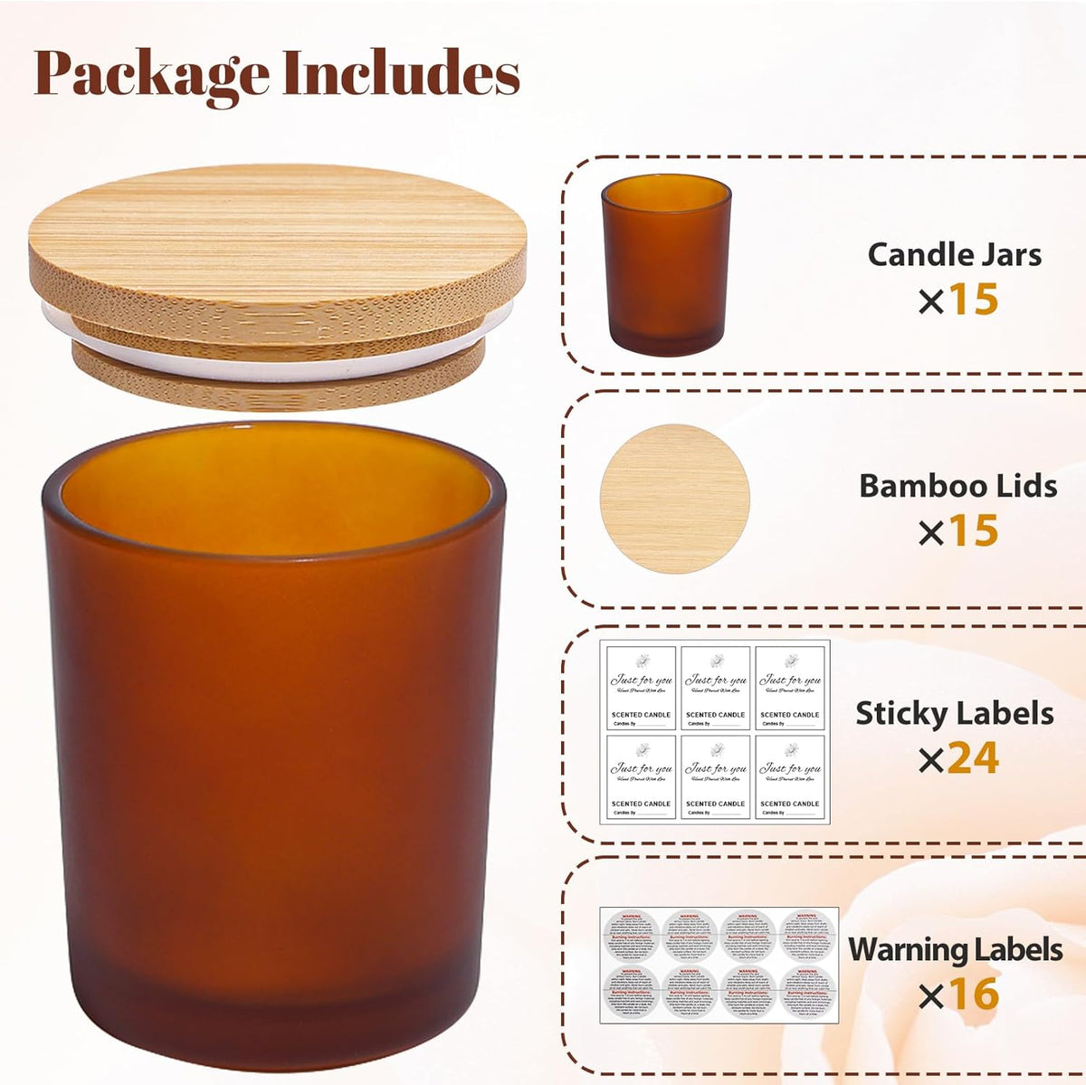 CONNOO 15-Pack 7oz Fall Amber Candle Jars with Bamboo Lids & Sticky Labels – Thick Glass Candle
