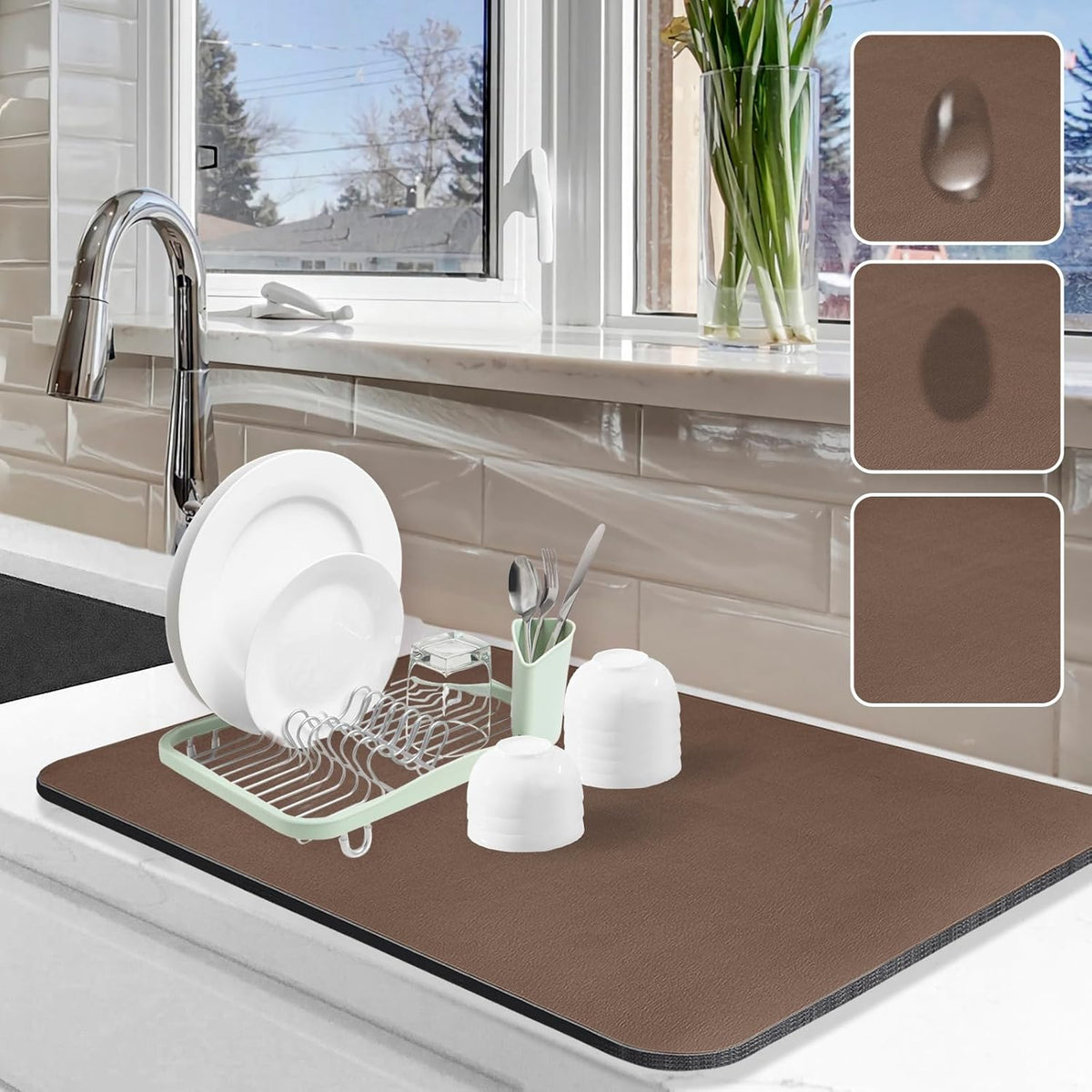 Dish Drying Mat for Kitchen Counter, 16"x24" Dish Drying Pad with Non-slip Rubber Backed, Hide