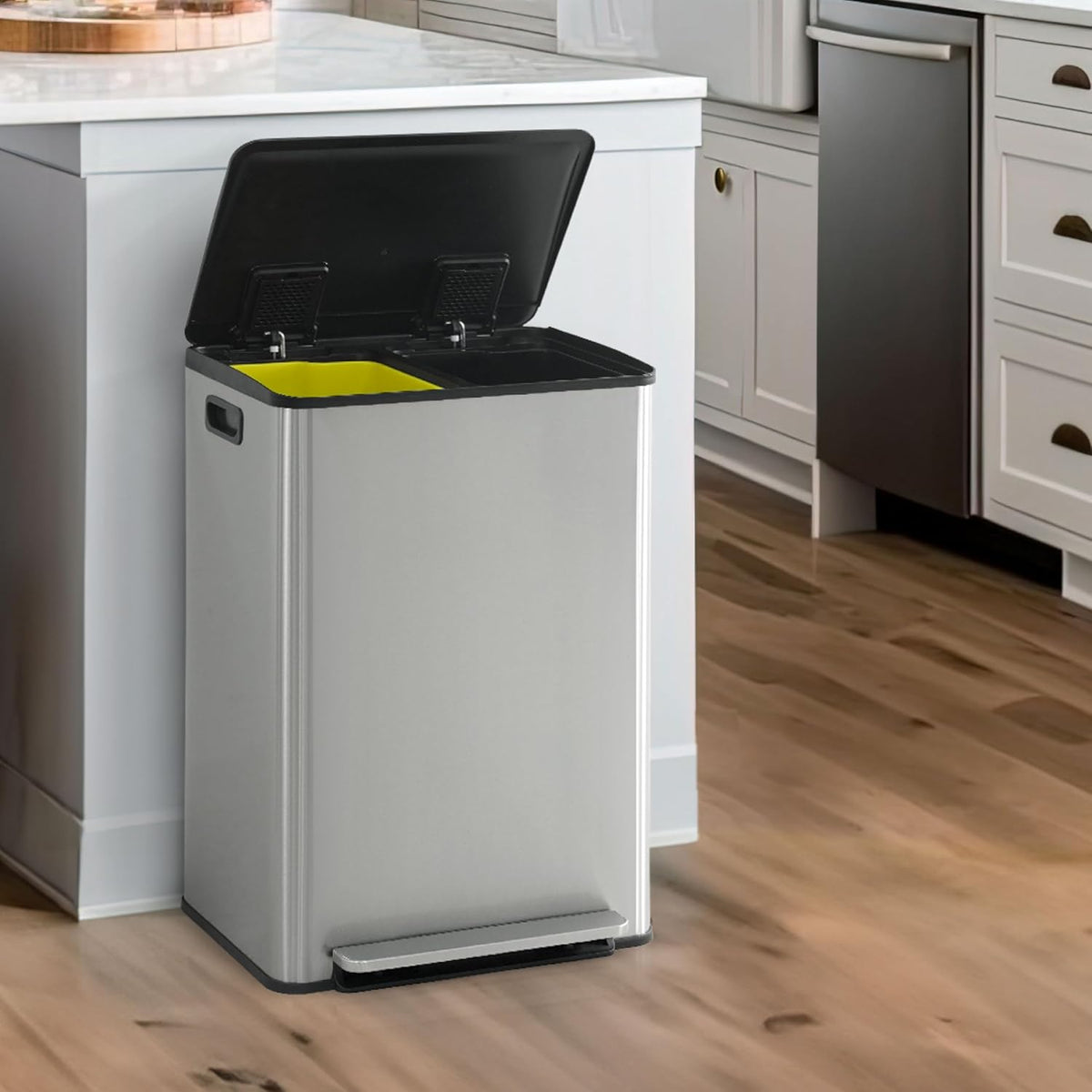CAPHAUS Dual Trash Can with Lid, Trash and Recycling Bins Combo for Kitchen, Hands-Free