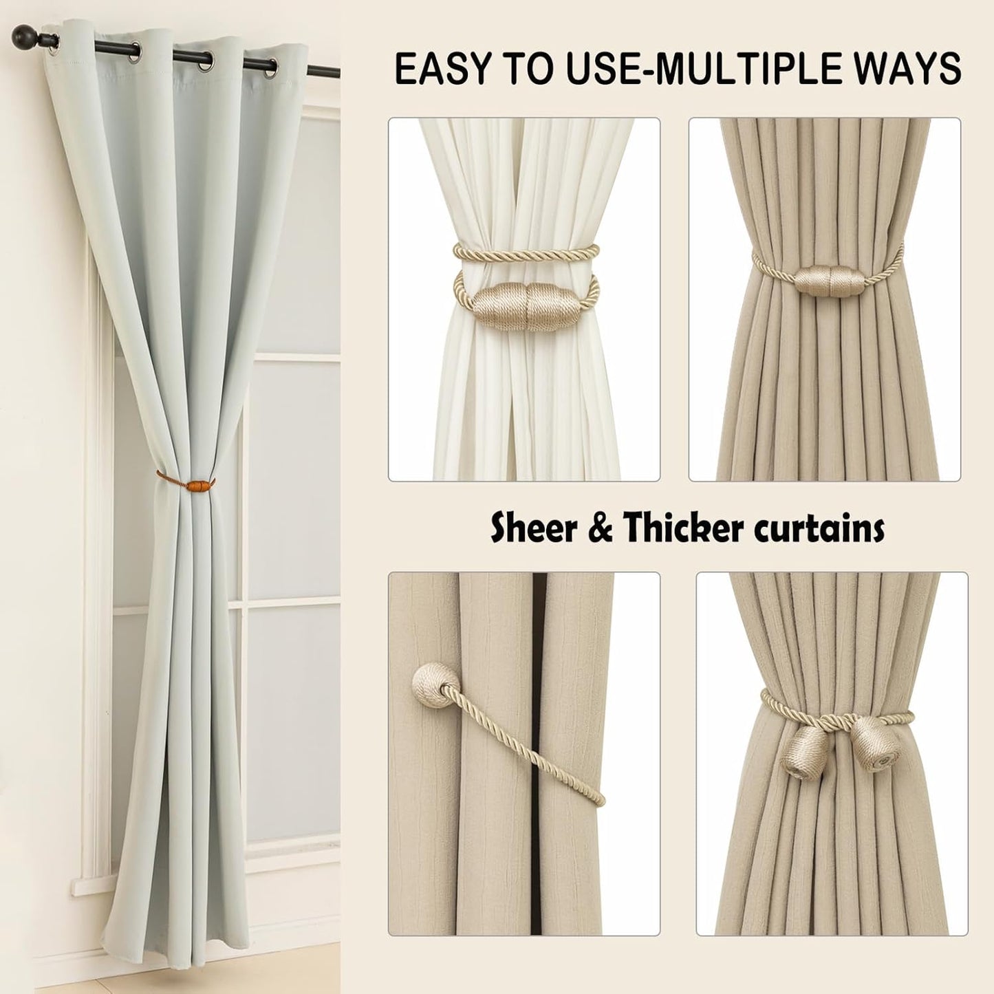 Magnetic Curtain Tiebacks Rope Curtain Tie Backs for Curtains 8 Pack Curtain Holders for Drapes