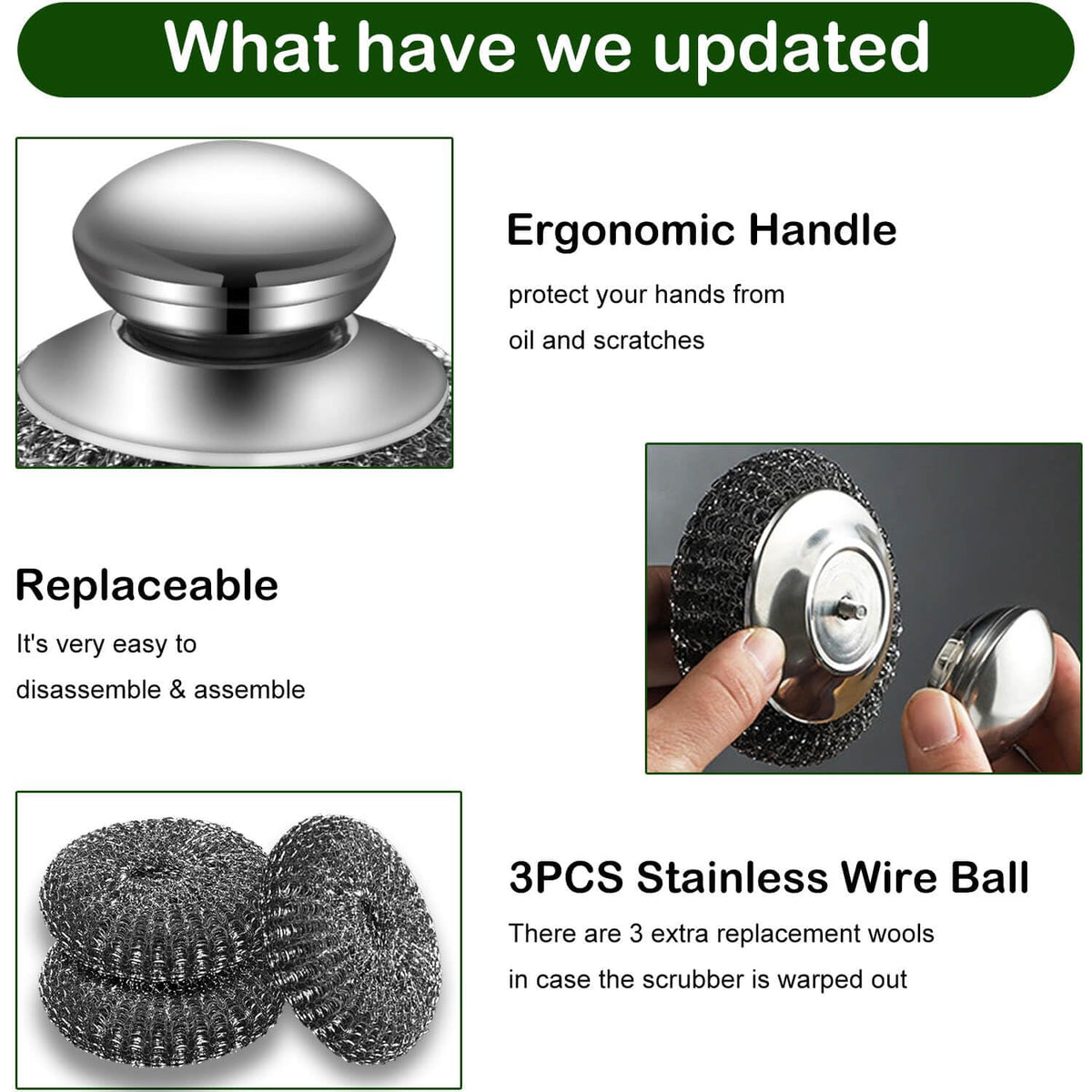 Steel Wool Scrubber with 2 Handles & 3 Replacement Wire Sponge(Scouring Pads) - Stainless Metal
