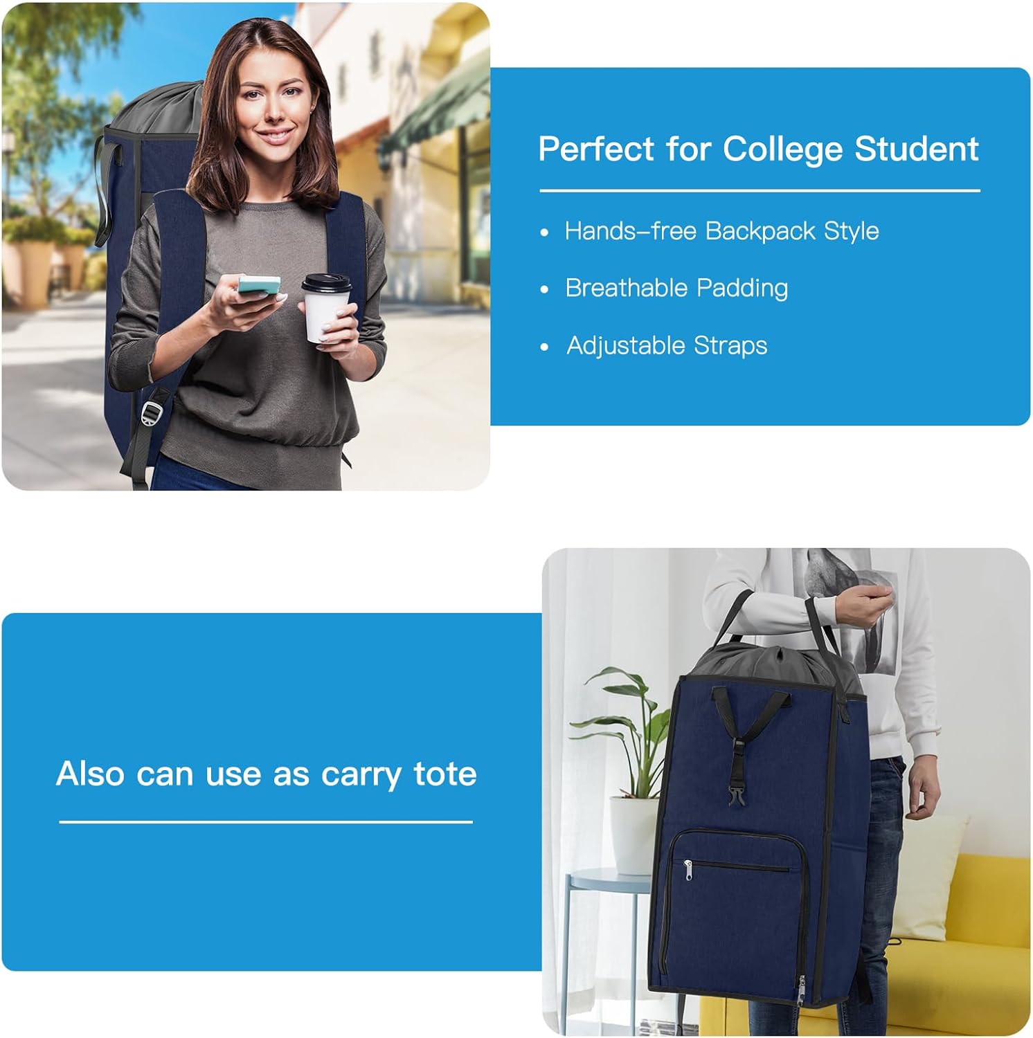 Bukere Laundry Basket, Laundry Backpack Bag for Guys Girls Boys, 2 in 1 Laundry Hamper for College