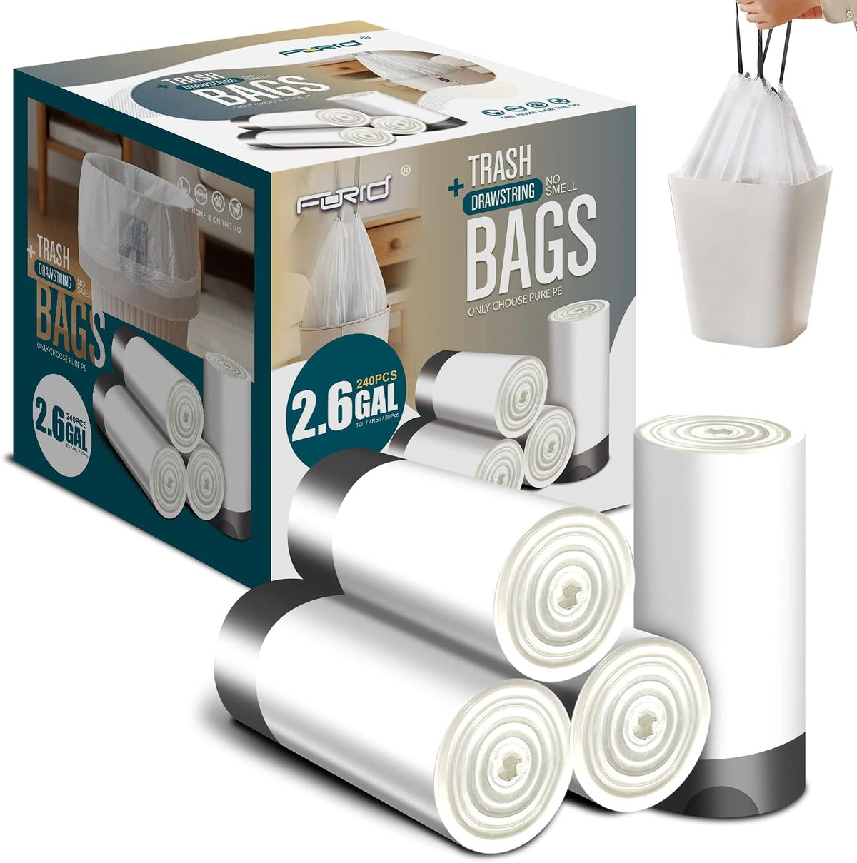 FORID Small Drawstring Trash Bags - 2.6 Gallon White Garbage Bags 240 Count, Durable & Thick Bags
