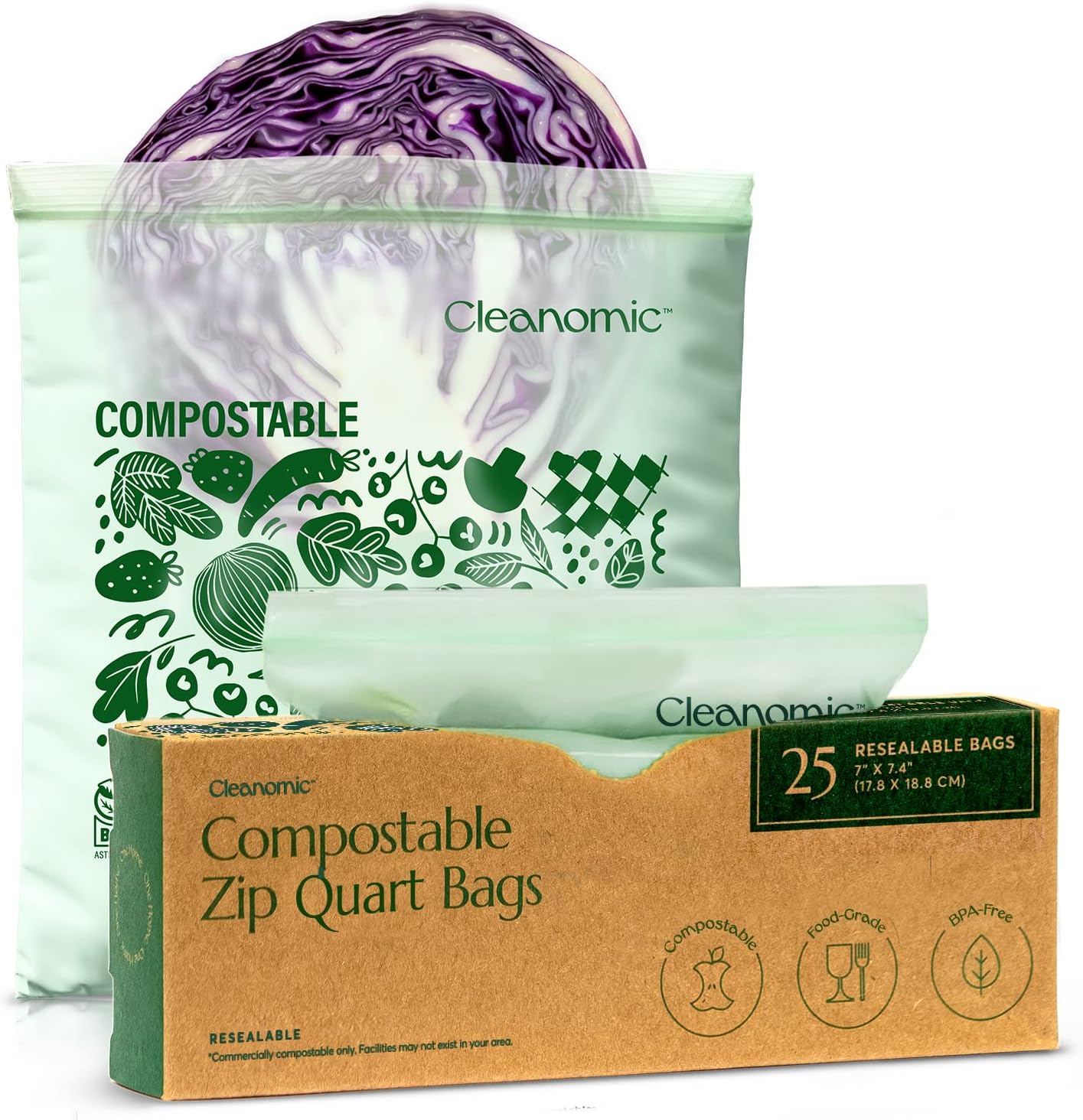 Cleanomic Compostable* Quart Size Food Storage Bags (25 Eco Zip) Freezer and Leak Proof, Also