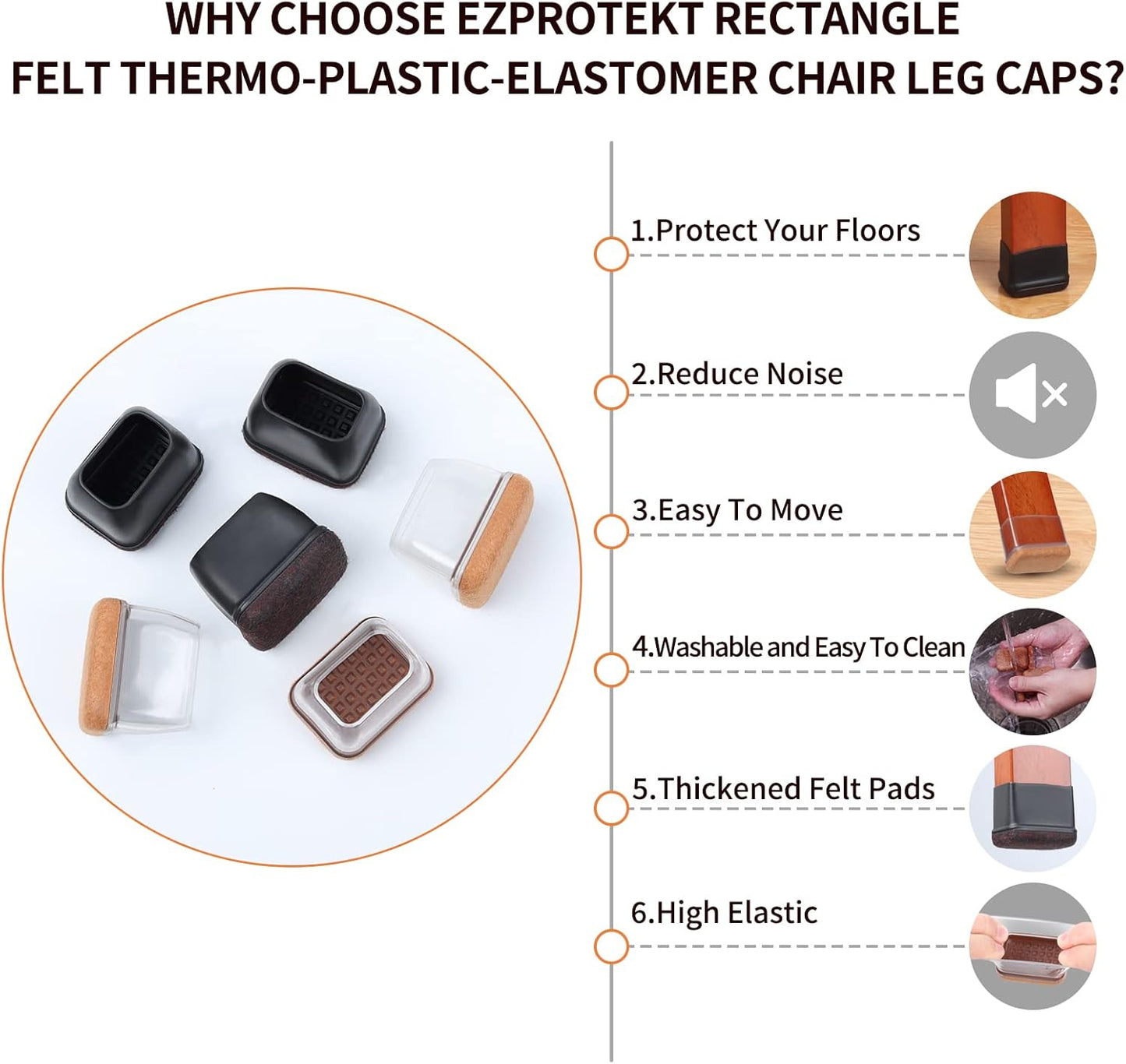 Ezprotekt 16 Pcs Rectangle Silicone Chair Leg Floor Protectors, Felt Rectangle Black Furniture Leg