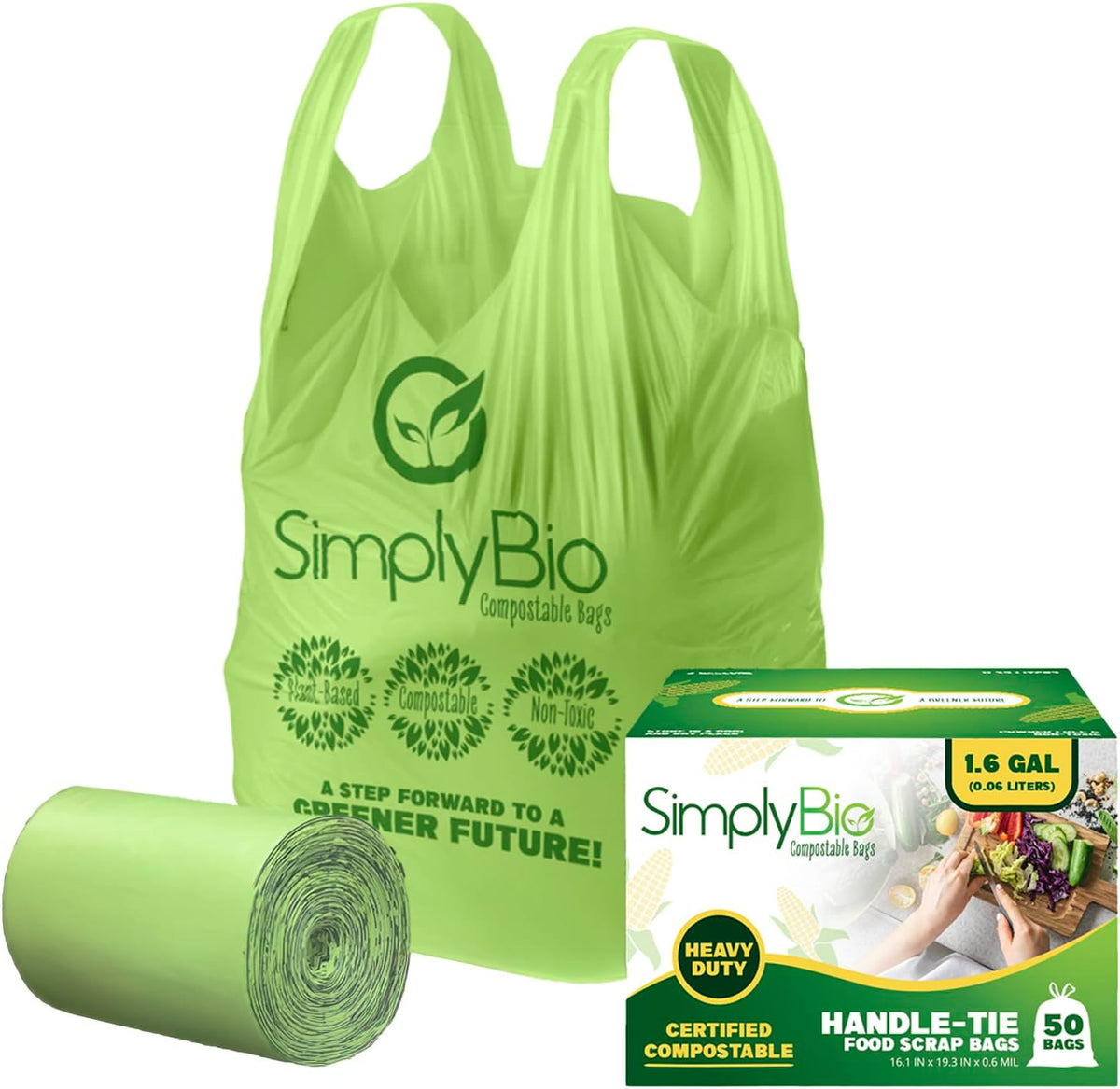 Simply Bio 1.6 Gallon Compostable Trash Bags Liners Handle, Heavy Duty Extra Thick 0.6 Mil, 6.06