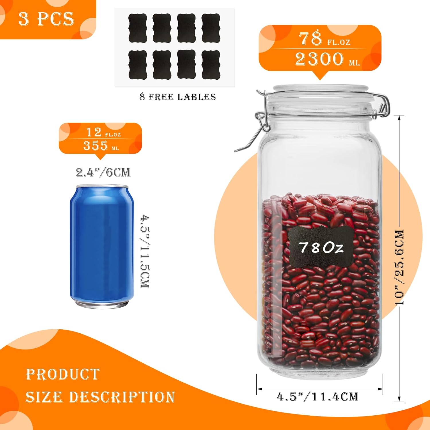 78oz Glass Food Storage Jars with Airtight Clamp Lids, 3 PCS Food Storage Canister for Kitchen &