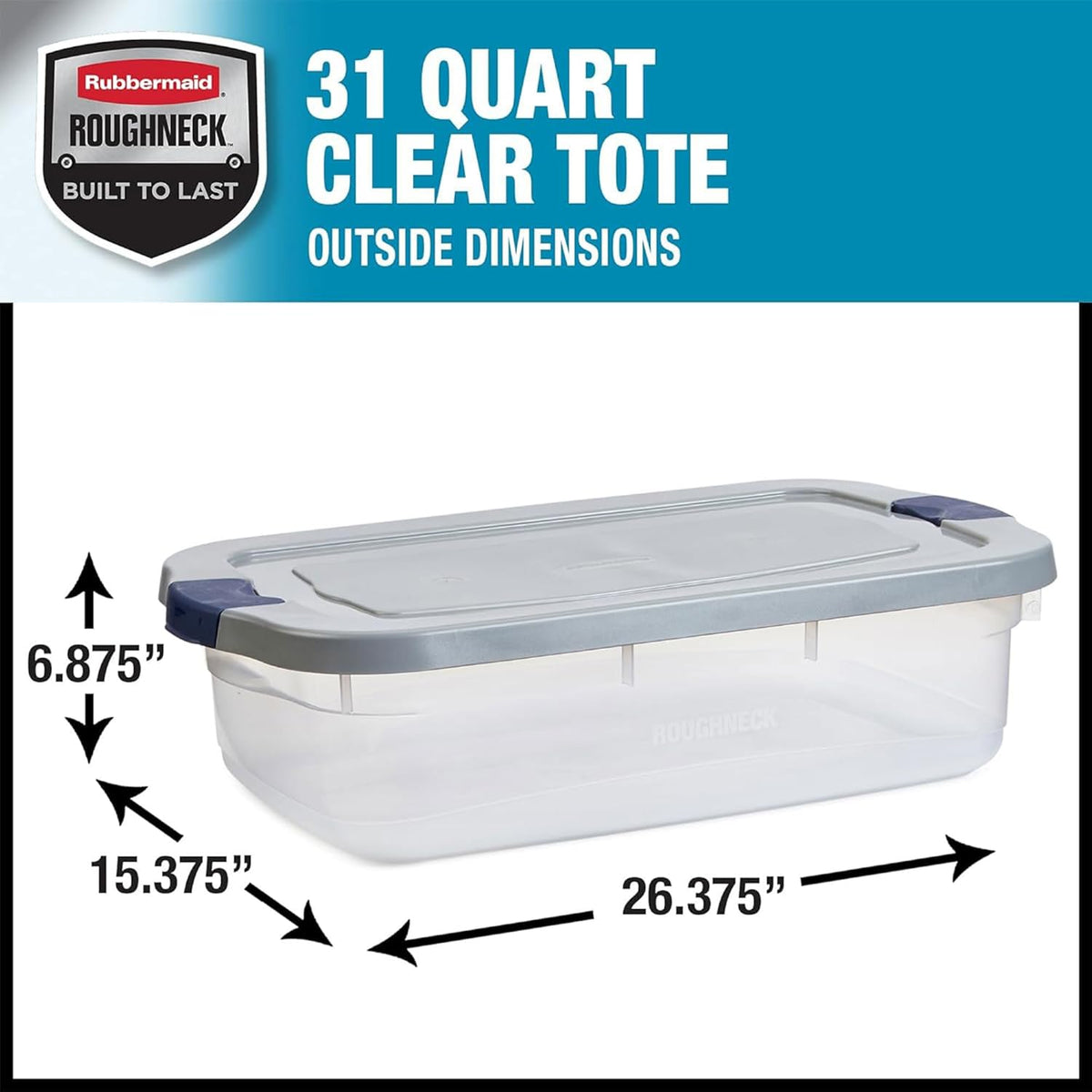 Rubbermaid Roughneck Clear 31 Qt/ 7.75 Gal Storage Containers, Pack of 6 with Snap-Fit Grey Lids