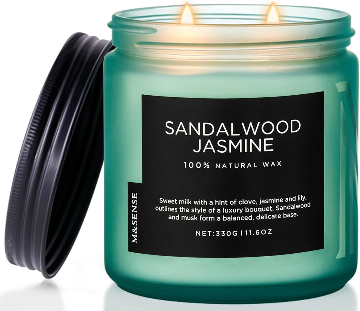M&SENSE Sandalwood Jasmine Scented Candle, 11.6oz 70 Hours Burn Time Clean Non Toxic Natural Soy