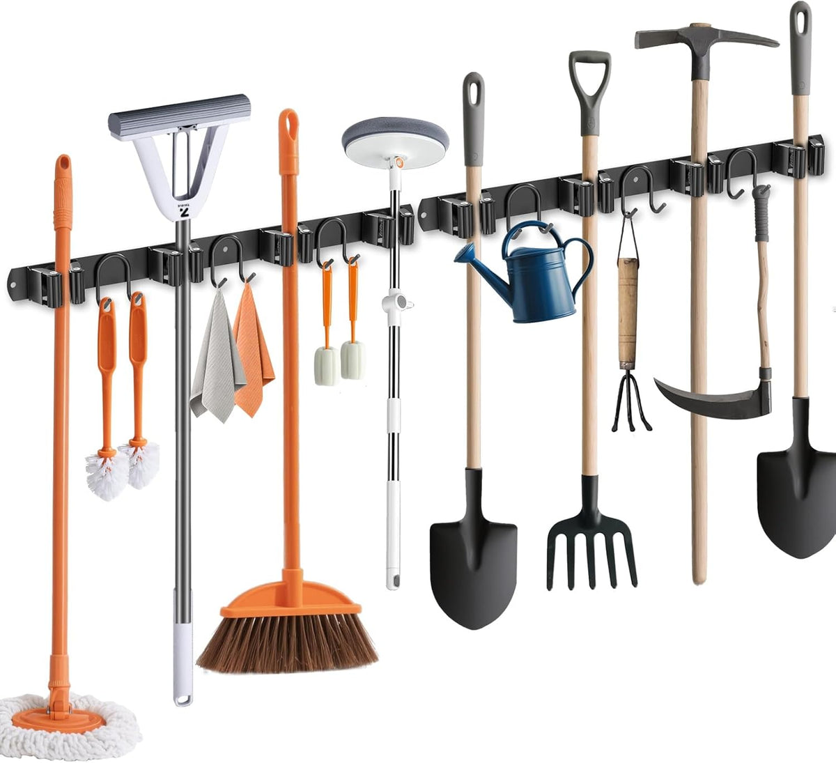 Broom Holder Wall Mount, 2 Packs Black Stainless Steel Tool Storage Organizer for Kitchen Garden