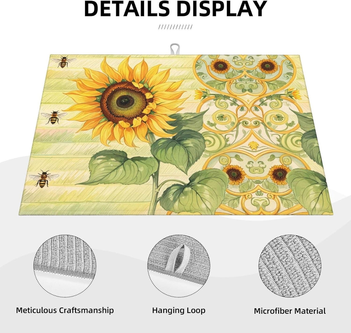 Sunflower Bee Dish Drying Mat Highly Absorbent Double-Sided Microfiber with Hanging Loop Reversible