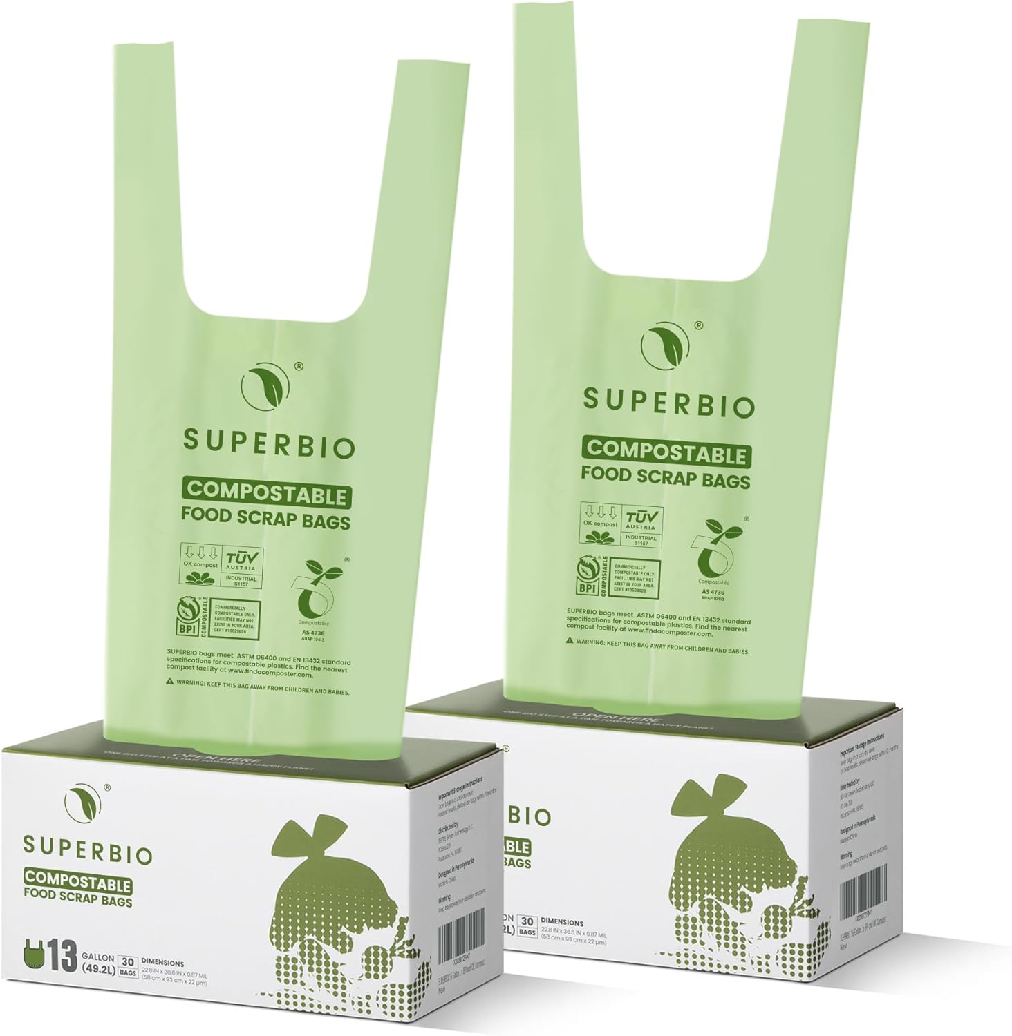 SUPERBIO 13 Gallon Handle Tie Compostable Food Waste Bags, 30 Count, 2 Pack, ASTM D6400, BPI and OK