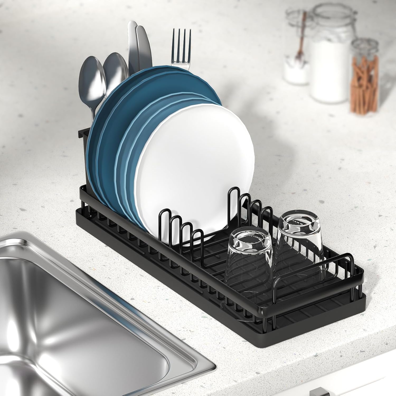 Small Dish Drying Rack, Compact Sink Dish Drainer Plate Organizer with Utensil Holder and 2pcs