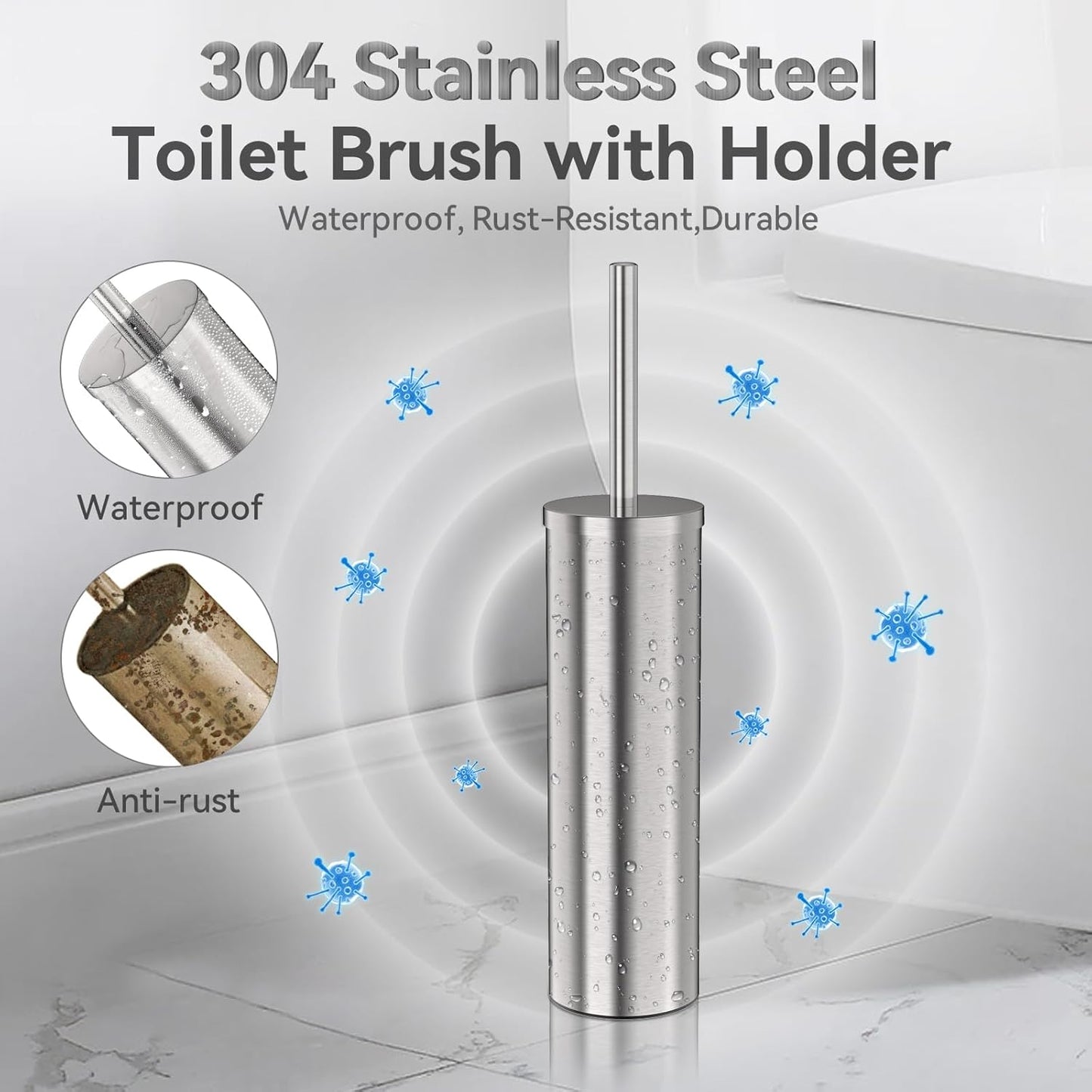 DOWRY Stainless Steel Freestanding Toilet Bowl Brush and Holder with Long Handle for Bathroom