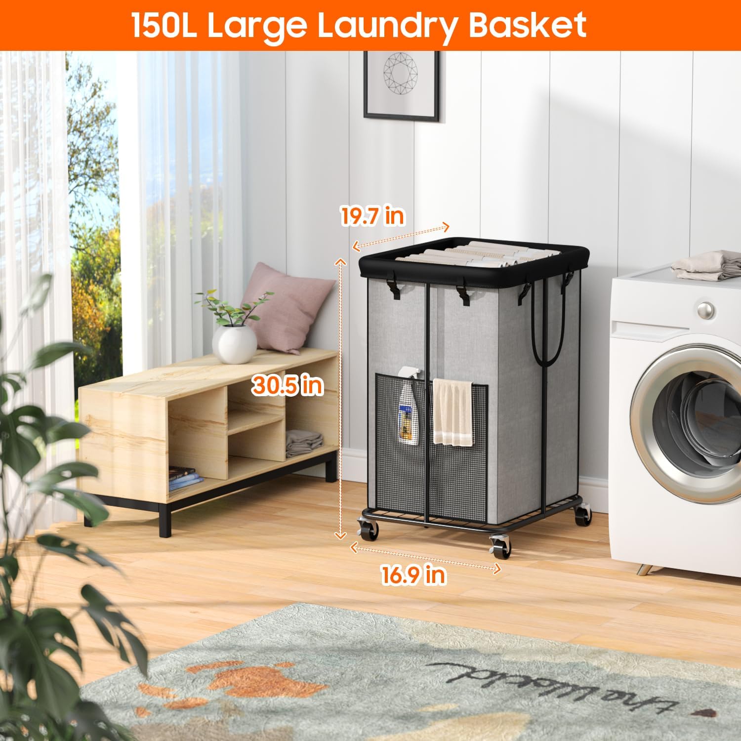 150L Laundry Hamper with Wheels, Rolling Laundry Basket with Metal Frame and Removable Bag, Large &