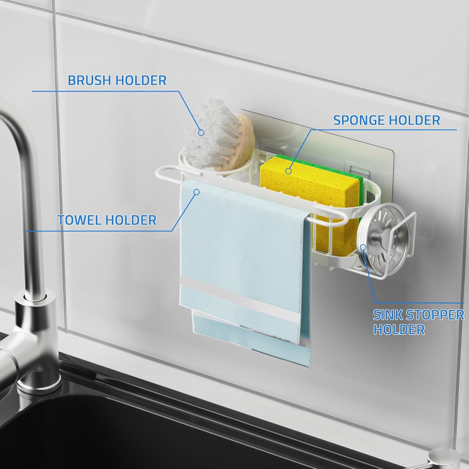 Cisily Kitchen Sink Caddy Sponge Holder in The Sink, Stainless Steel Kitchen Sink Organizer, Brush