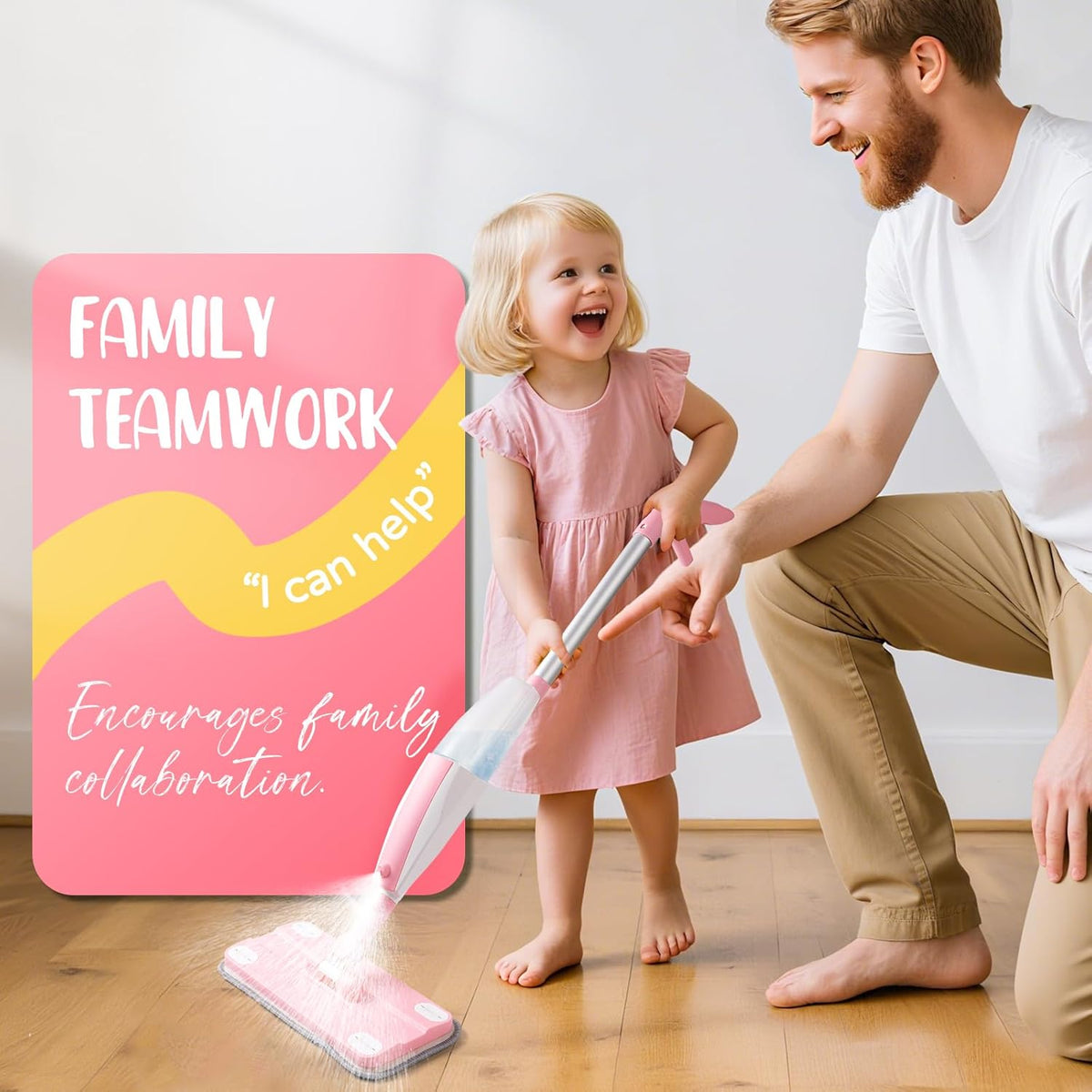Pink Mini Spray Mop for Toddler-Girls Montessori Cleaning Toy That Real Spray Water,Pretend