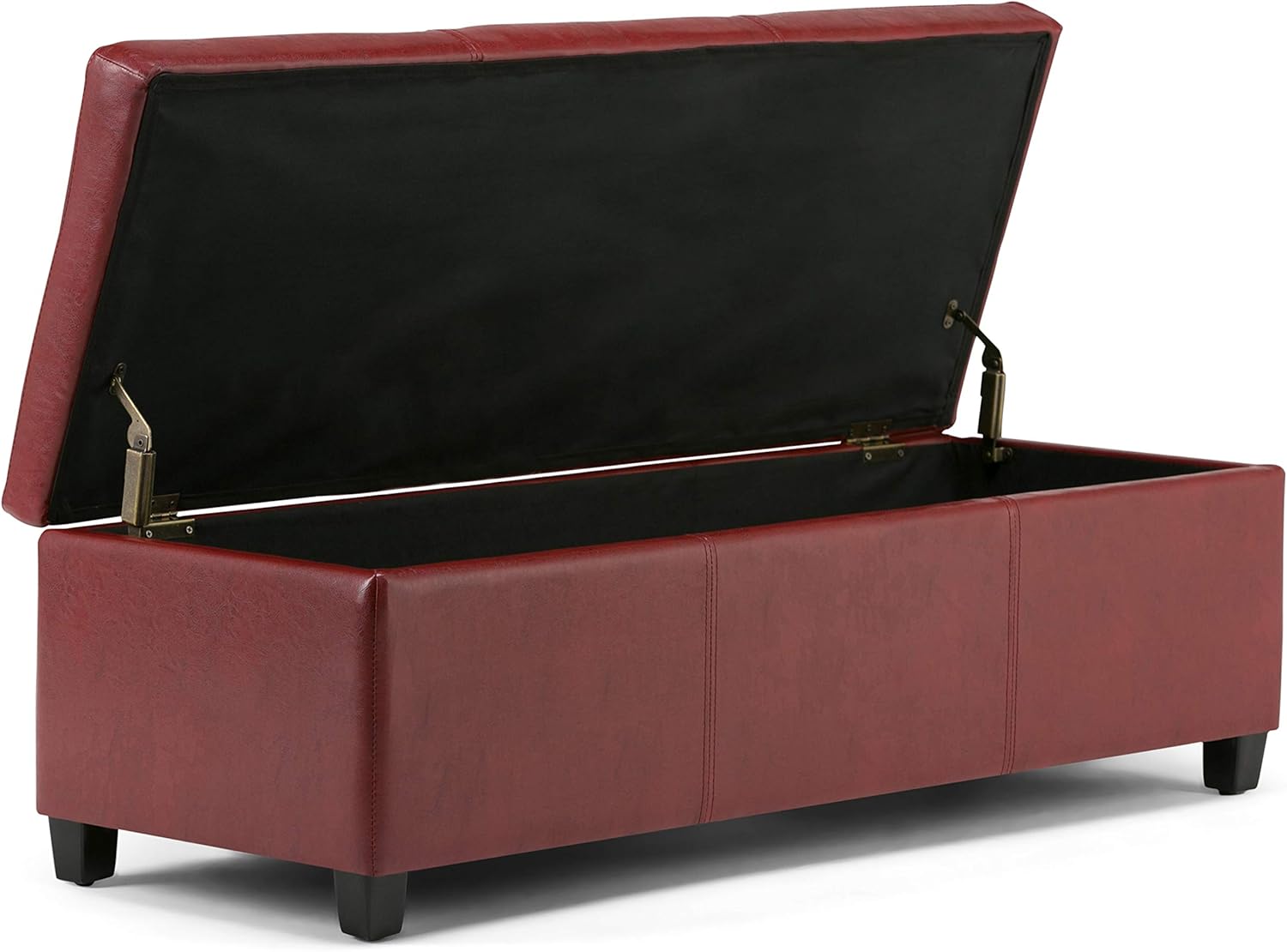 SIMPLIHOME Avalon 48 inch Wide Contemporary Rectangle Storage Ottoman Bench in Red Vegan Faux