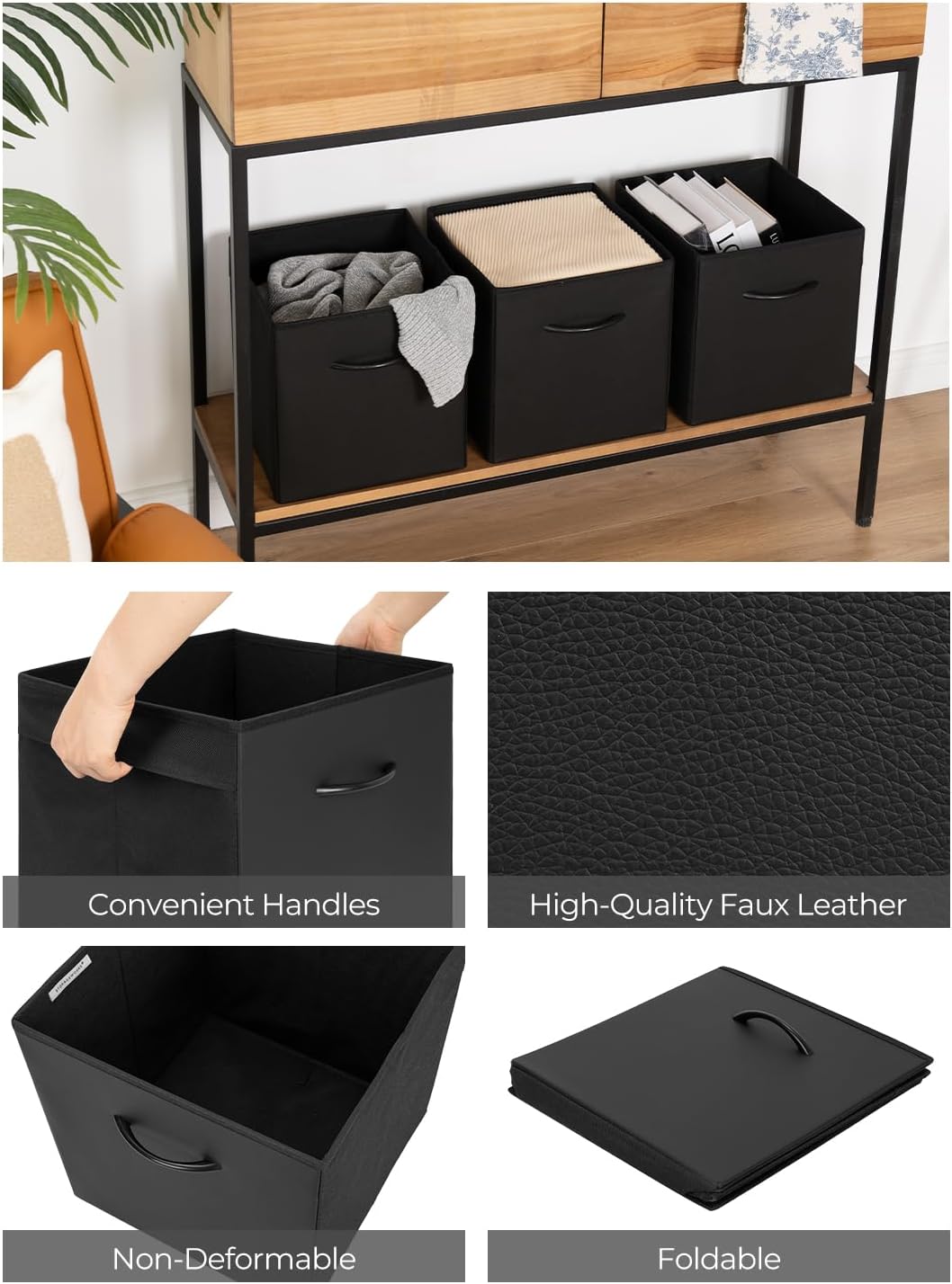 StorageWorks Black Storage Cubes, 11-inch Leather Bins with Handle, Cube Organizer Baskets for