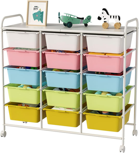 15 Drawers Rolling Cart With Wheels, Plastic Storage Drawer With Metal Frame, Multipurpose Art