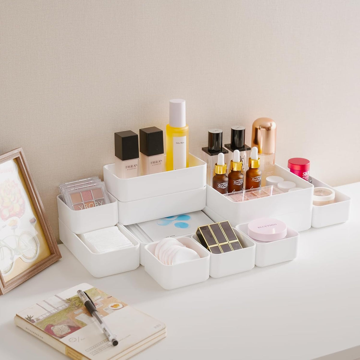 11-Piece Stackable Drawer Organizer Set, Multi-size Desk Drawer Organizer Trays Vanity Storage Bins