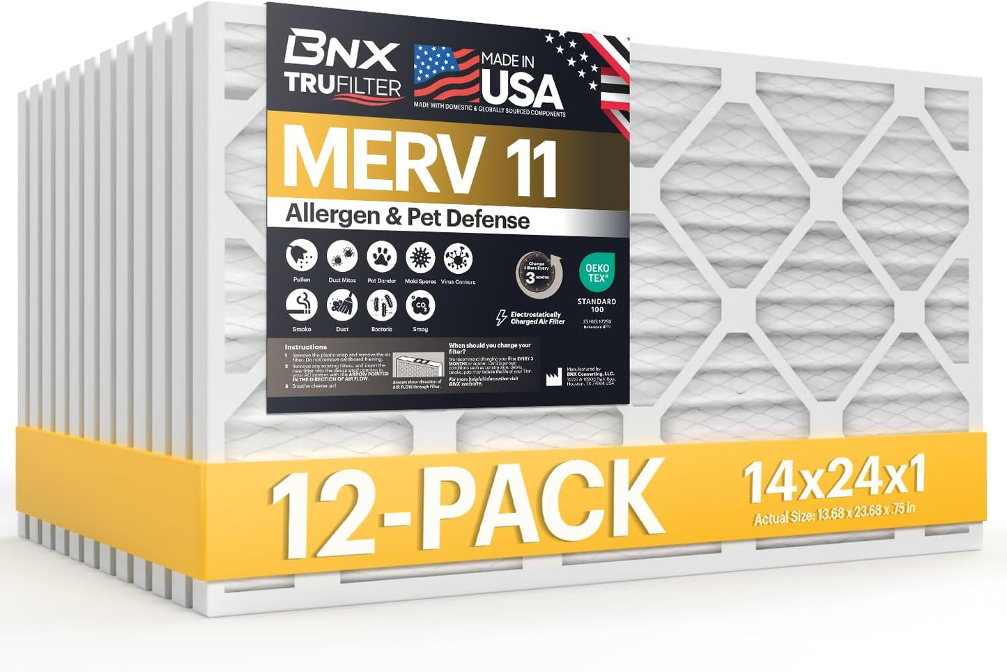 BNX TruFilter 14x24x1 Air Filter MERV 11 (12-Pack) - MADE IN USA - Allergen Defense Electrostatic