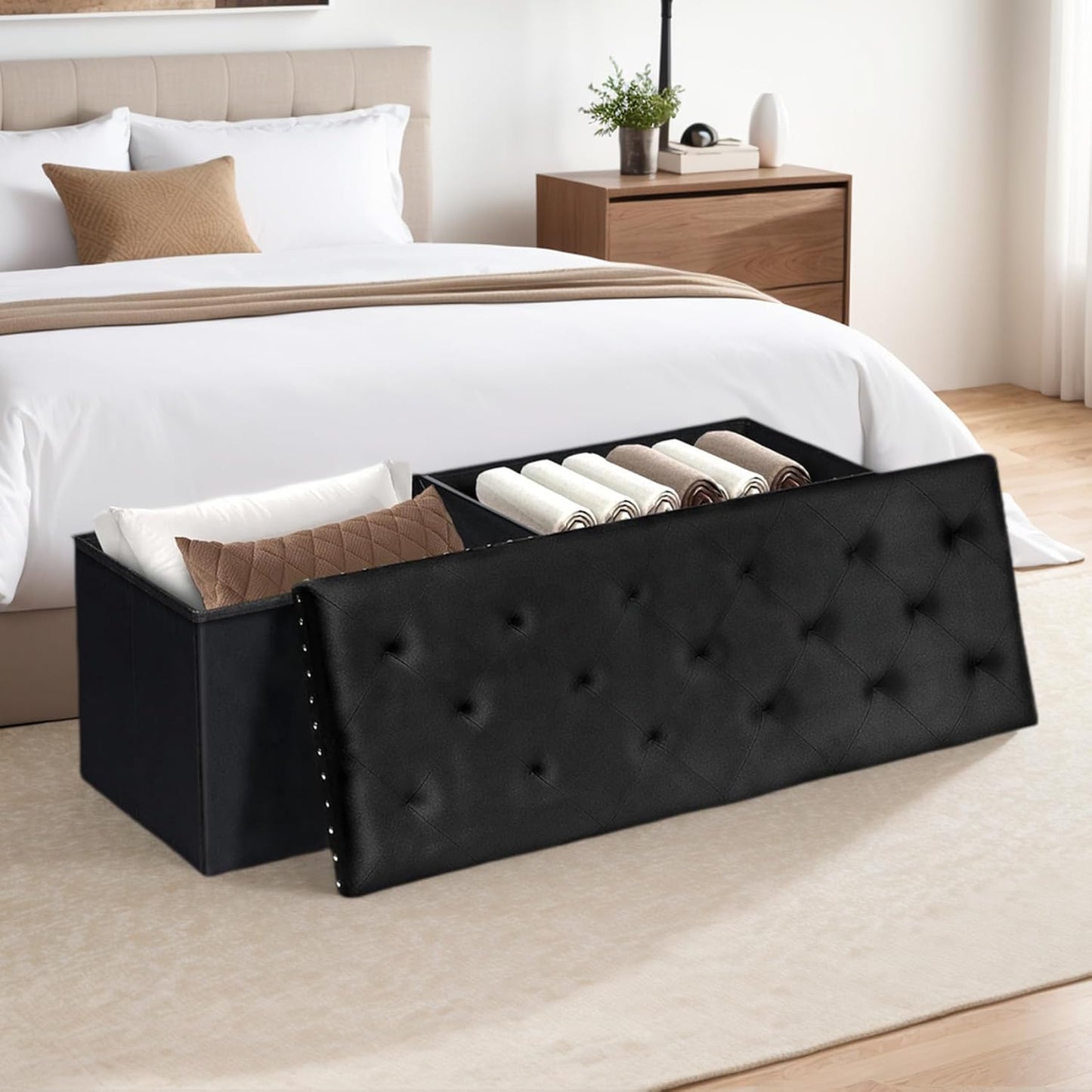 Velvet Storage Ottoman Bench, 43.3" Folding Ottoman with Rivet Trim, Heavy-Duty Upholstered