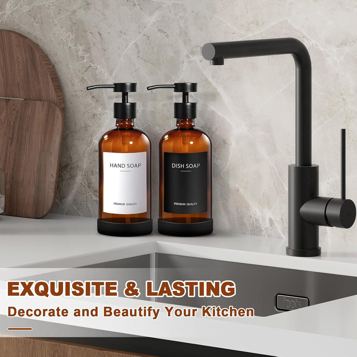 Amber Glass Soap Dispenser 2 Pack, Hand Soap Dispenser Bathroom with Stainless Steel Pump, 16.9 Fl