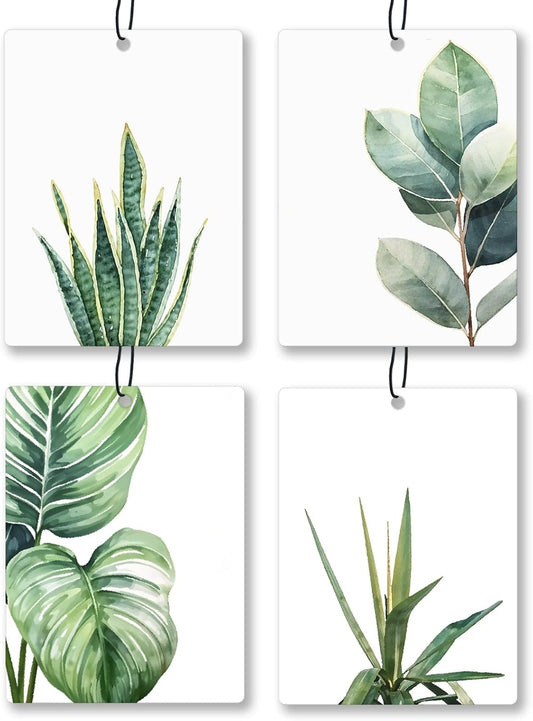 Tropical Leafy Botanical Car Air Freshener 4 Pcs, Green Eucalyptus Monstera Leaf Plant Hanging