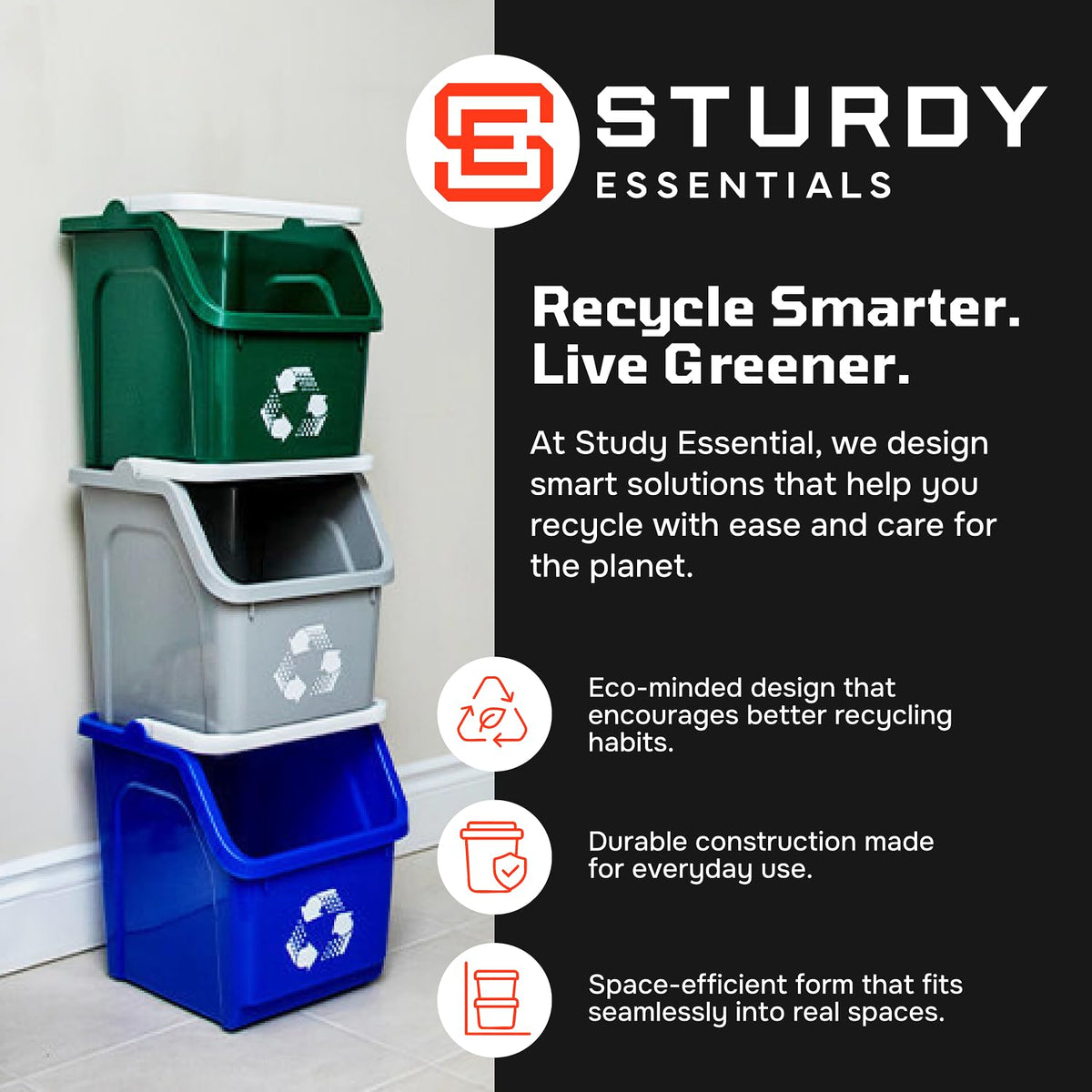 6 Gallon Stackable Recycling Bins for Homes, Garages, Offices Made of 100% Recycled Plastic