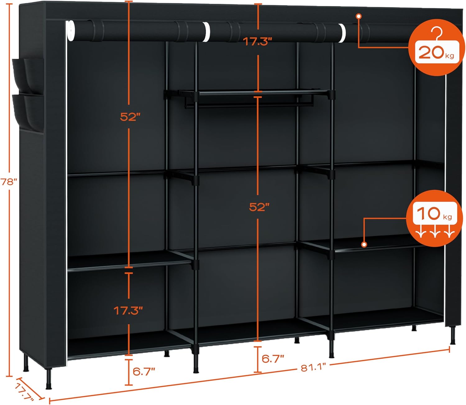Portable Closet, 81.1 Inch Extra Large Capacity Wardrobe Closet with Cover, Clothes Storage