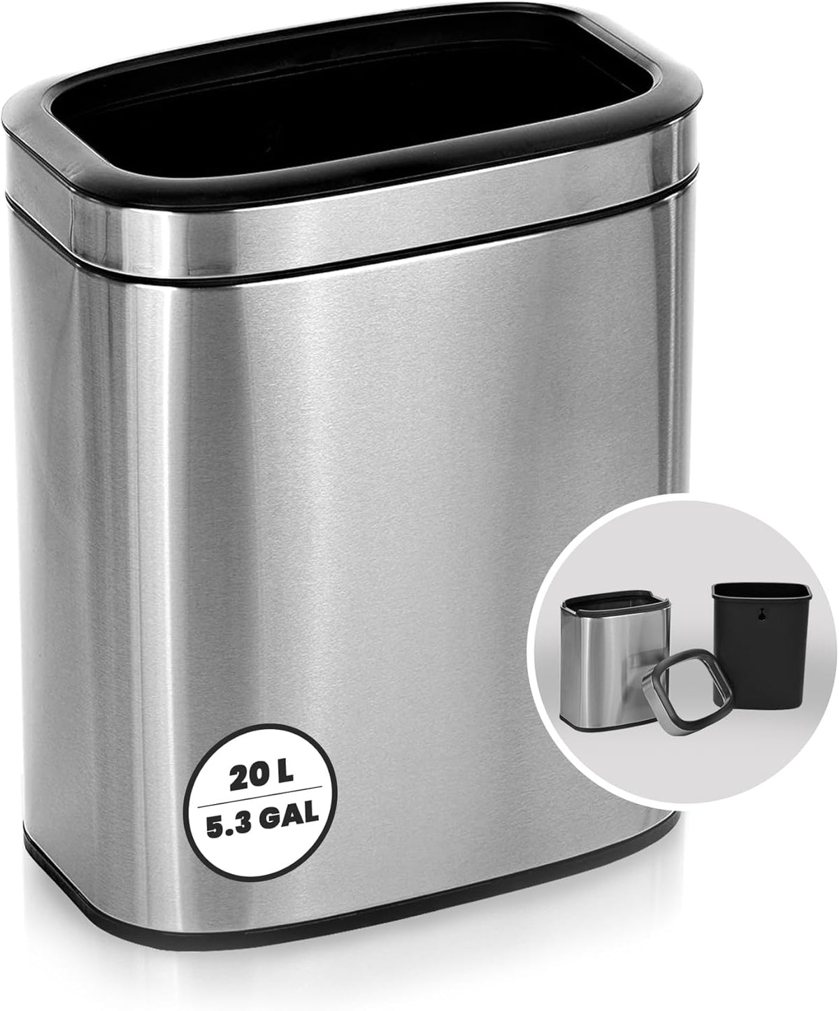 Alpine Stainless Steel Open Top Trash Can 5 Gallon - 20L Garbage Can for Kitchen, Bathroom, Office
