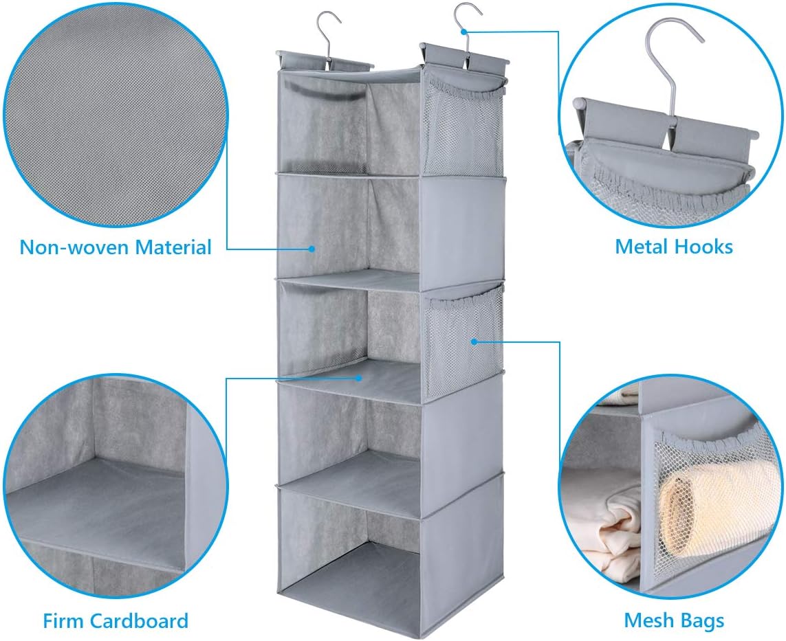 MAX Houser 5 Shelf Hanging Closet Organizer,Space Saver, Closet Hanging Shelves with (4) Side