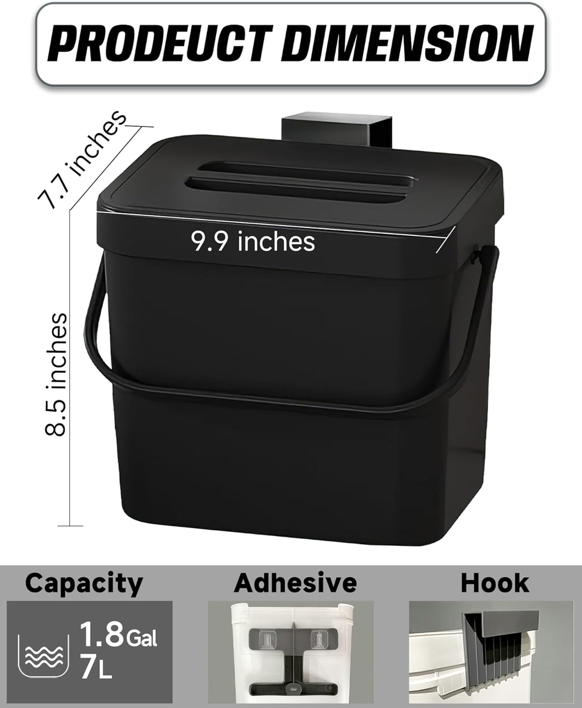 Countertop Compost Bin Kitchen, 1.8 Gallons Hanging Trash Can with Lid for Kitchen Cabinet Door