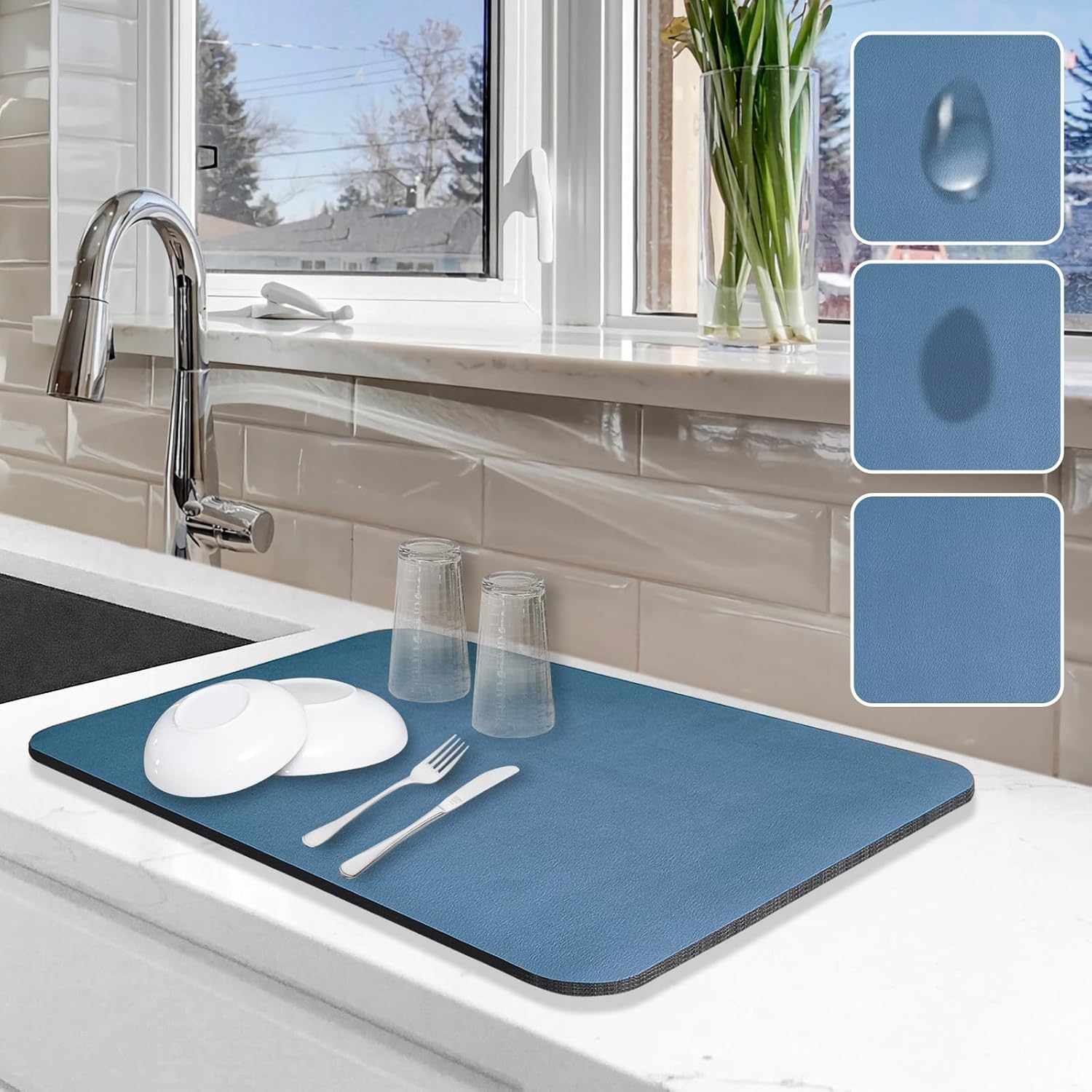 Dish Drying Mat for Kitchen Counter, 12"x19" Dish Drying Pad with Non-slip Rubber Backed, Hide