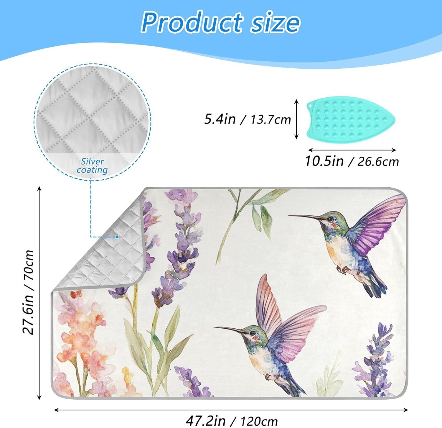 Lavender Flower Hummingbird White Ironing Mat for Table top Portable Ironing Pad Blanket for Washer