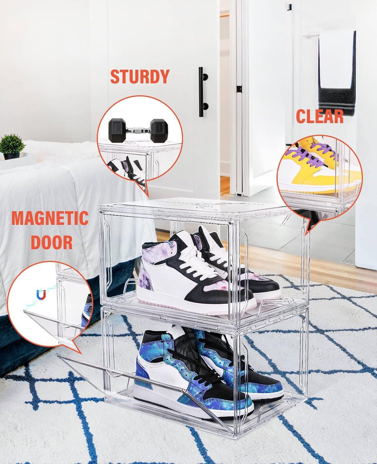 KDOR Shoe Box for sneakers，Closet,hat Clear Plastic Stackable 10 Pack Sneaker Storage Boxes with