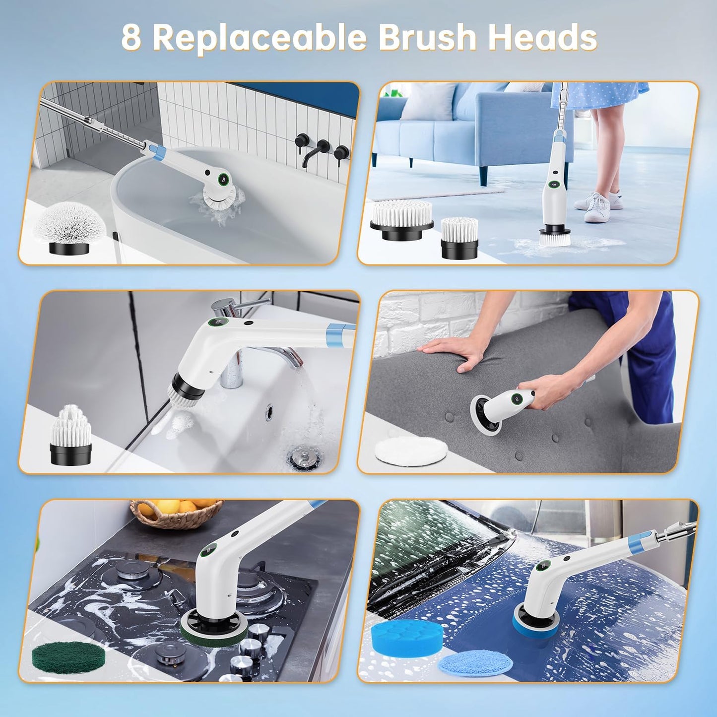Electric Spin Scrubber, Cordless Shower Scrubber with 8 Scrub Brush, 2 Speed with Adjustable