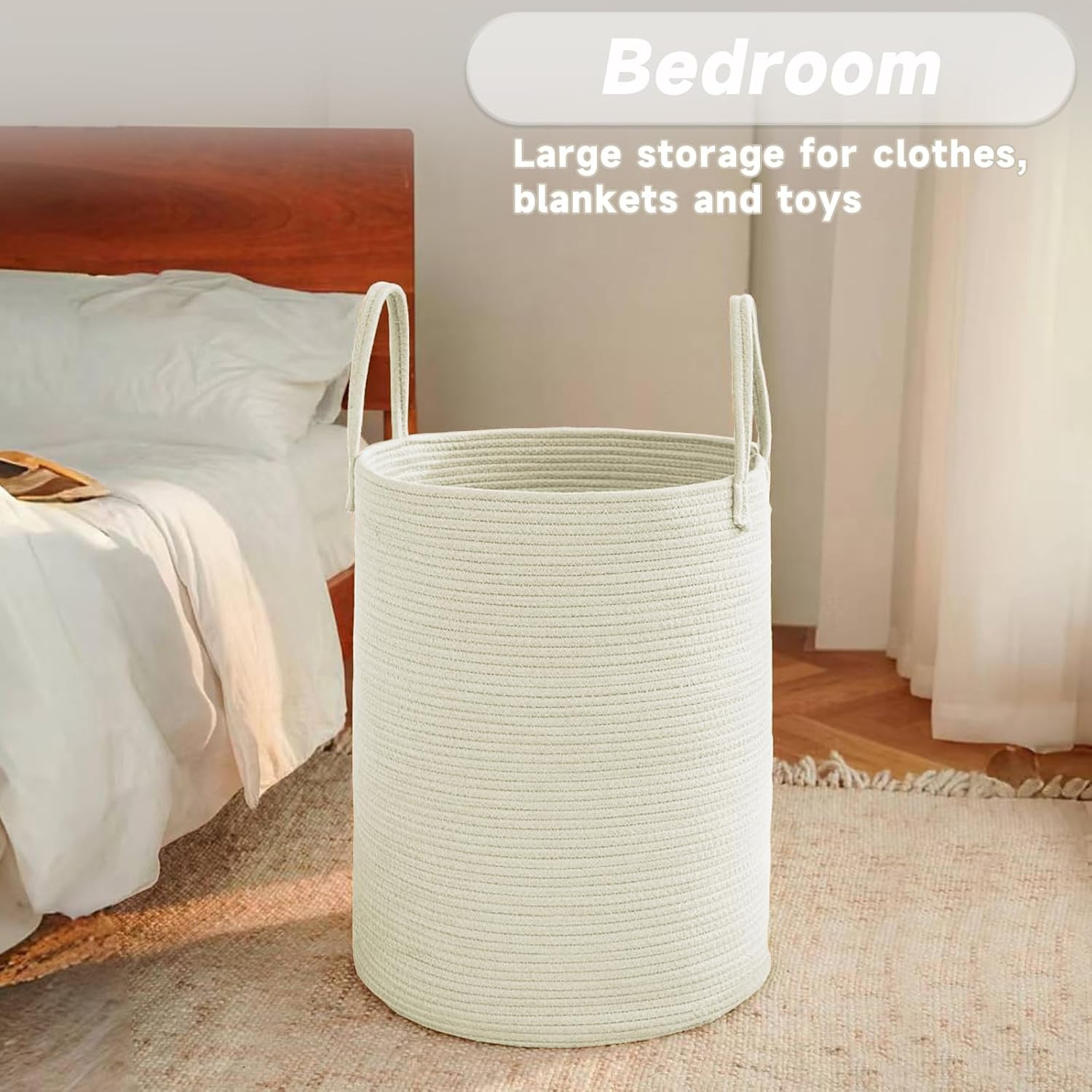 Large Woven Laundry Basket Hamper,60L Cotton Rope Storage Bin for Blankets,Toys and