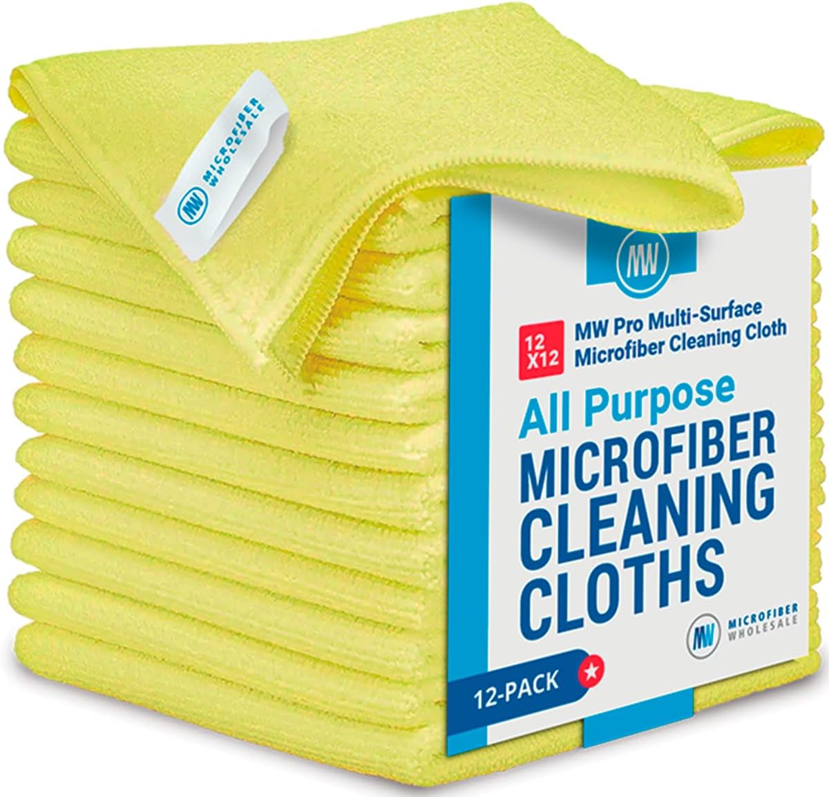 12" x 12" MW Pro Multi-Surface Microfiber Cleaning Cloths | Yellow - 12 Pack | Premium Microfiber