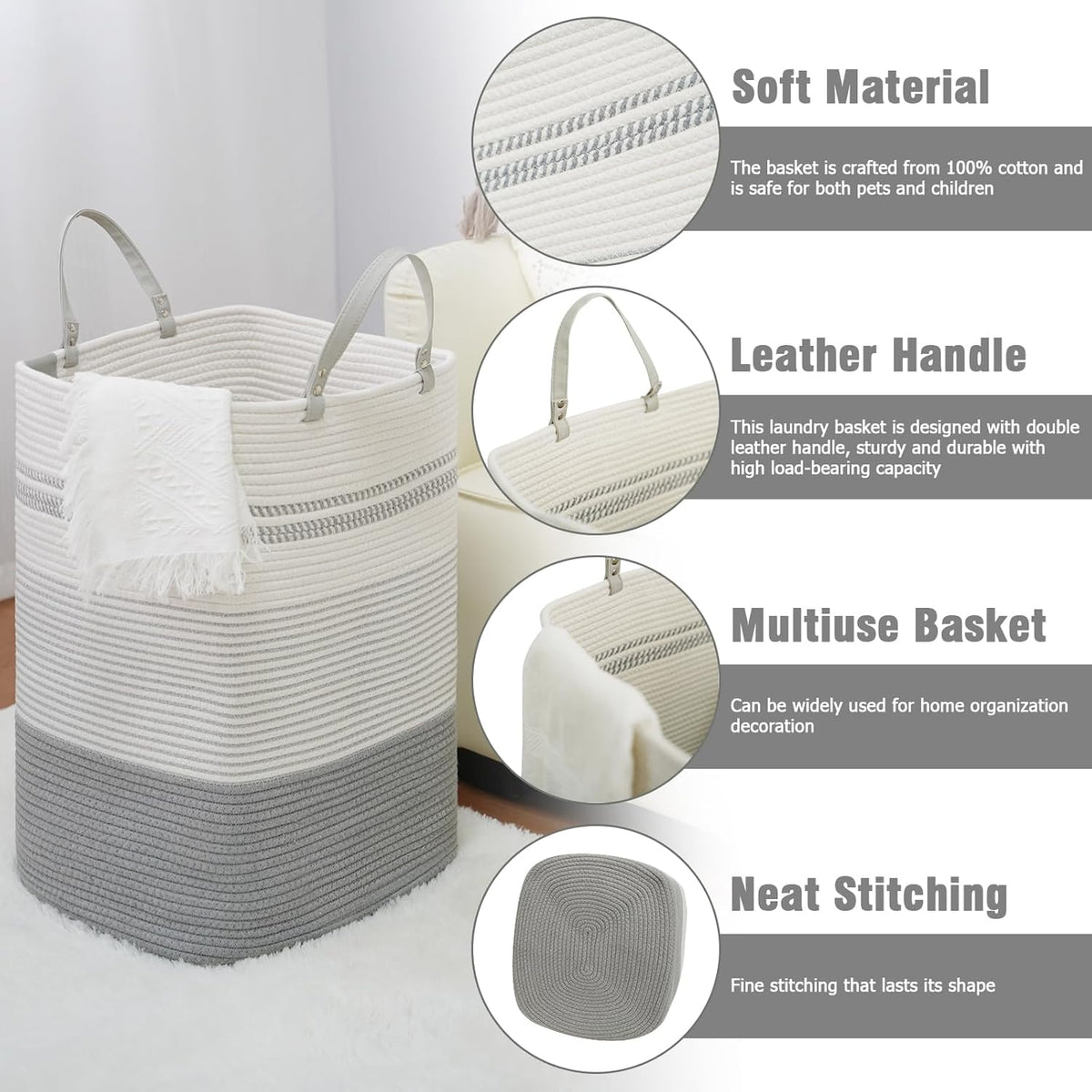 danpinera 75L Woven Laundry Hamper with Long Leather Handles, Baby Laundry Basket for Nursery, Tall
