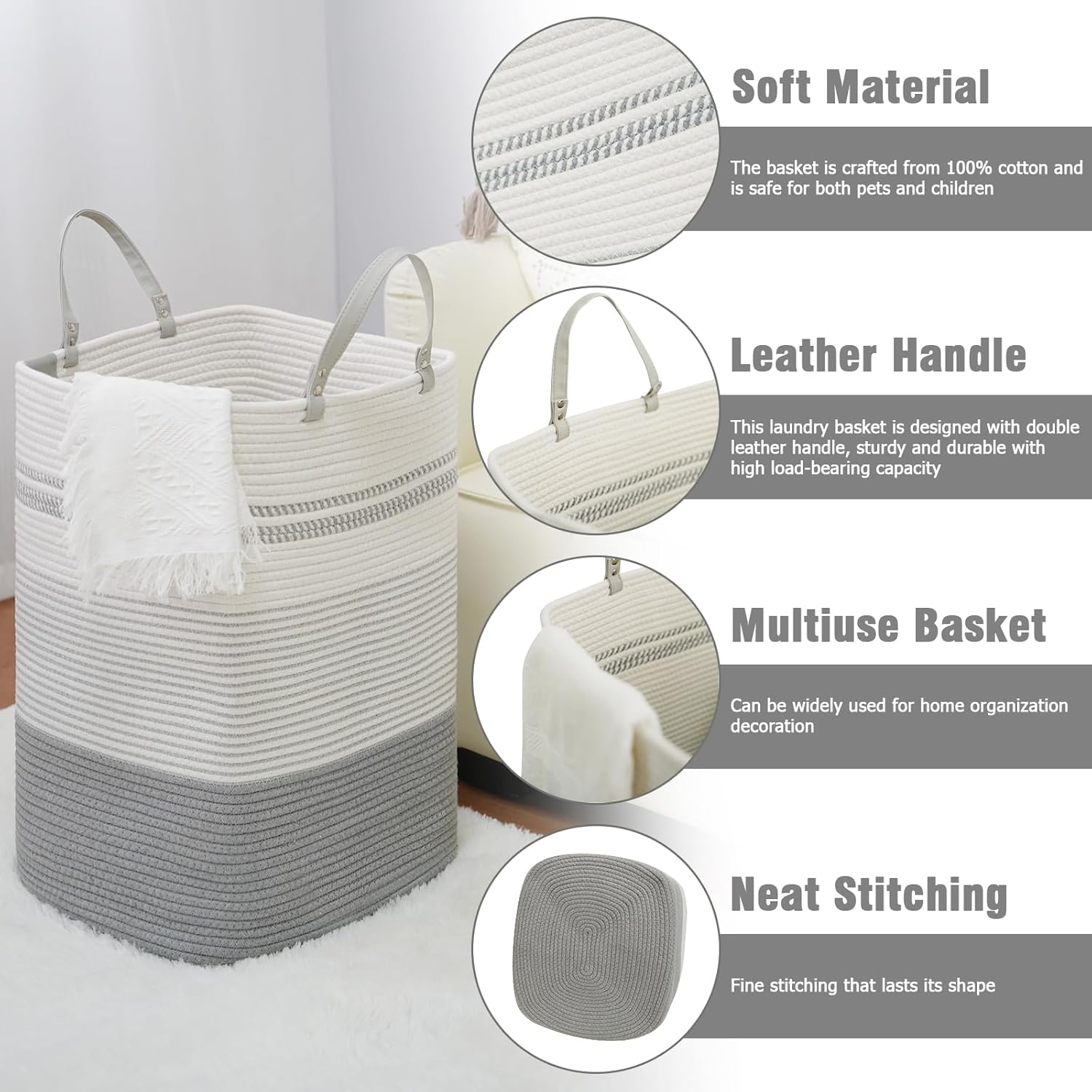 danpinera 75L Woven Laundry Hamper with Long Leather Handles, Baby Laundry Basket for Nursery, Tall