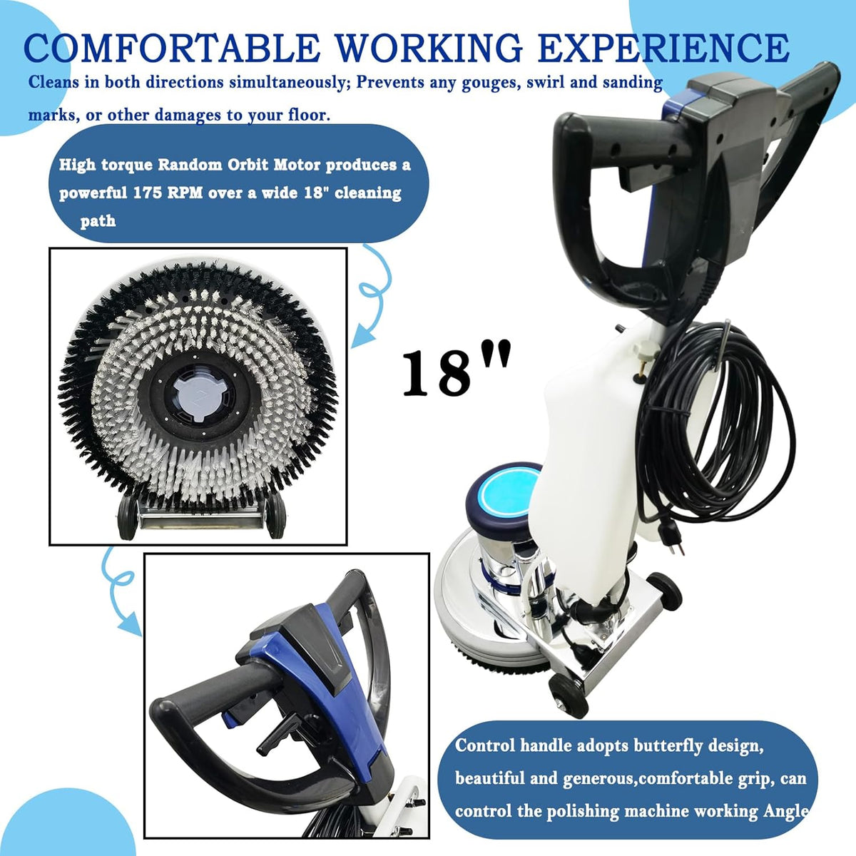 18" Commercial Floor Scrubber & Polisher Heavy Duty Multi-Surface Buffer Cleaner for Wood, Tile