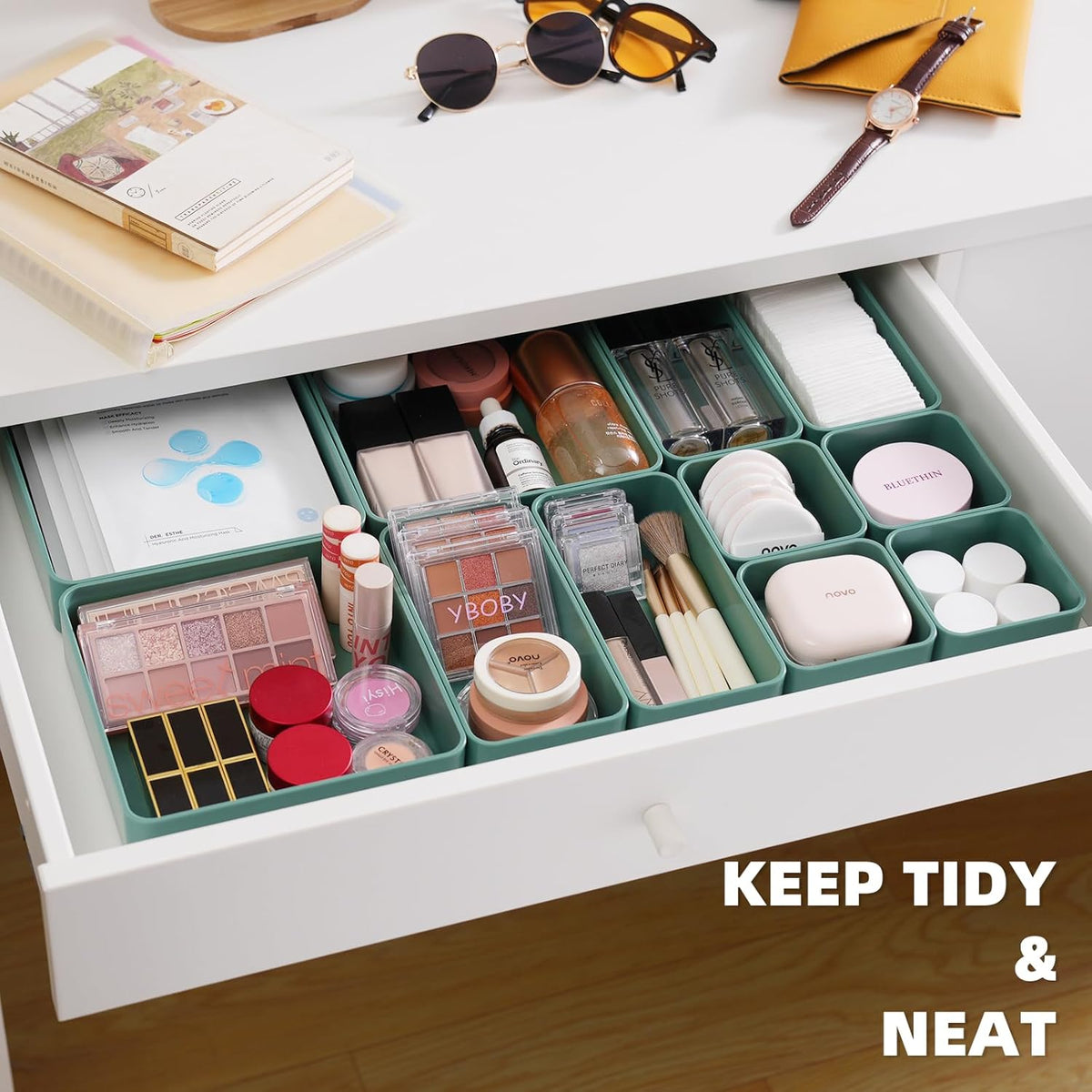 11-Piece Stackable Drawer Organizer Set, Multi-size Desk Drawer Organizer Trays Vanity Storage Bins