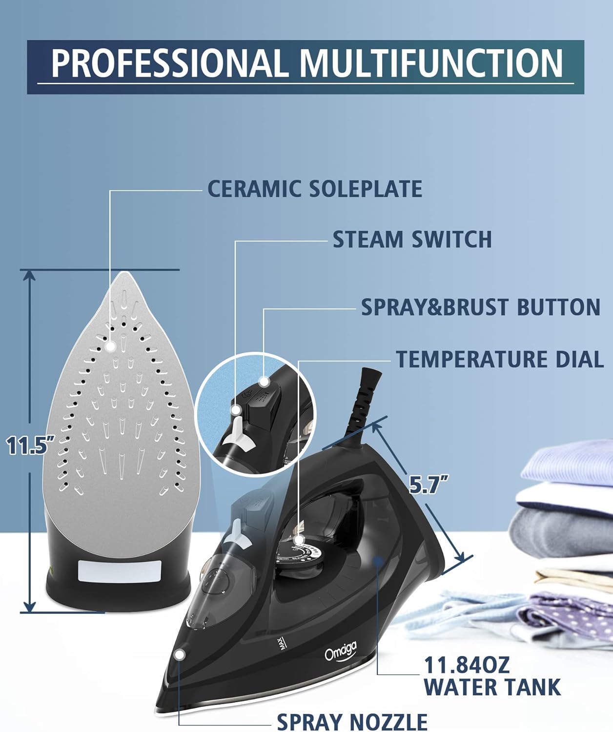 Steam Iron for Clothes, 1500W Iron with Rapid Heating, Non-Stick Ceramic Soleplate, Burst of Steam