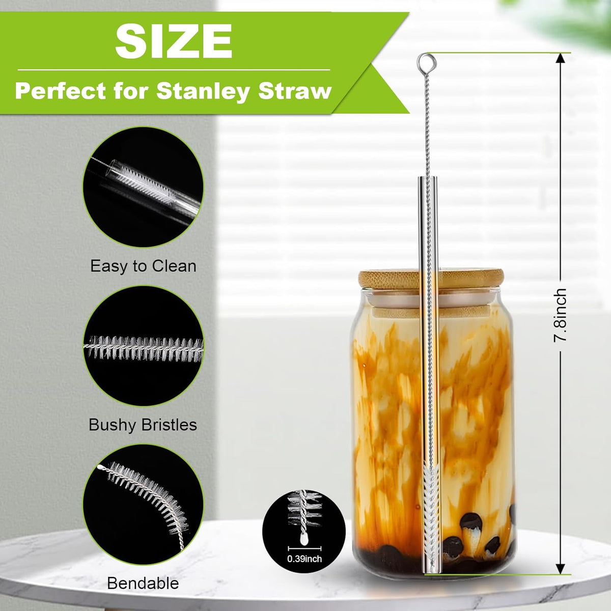 Long Straw Cleaner Brush Set Travel: 8 Pack Straw Brush Cleaner for Cleaning Straws, Stainless